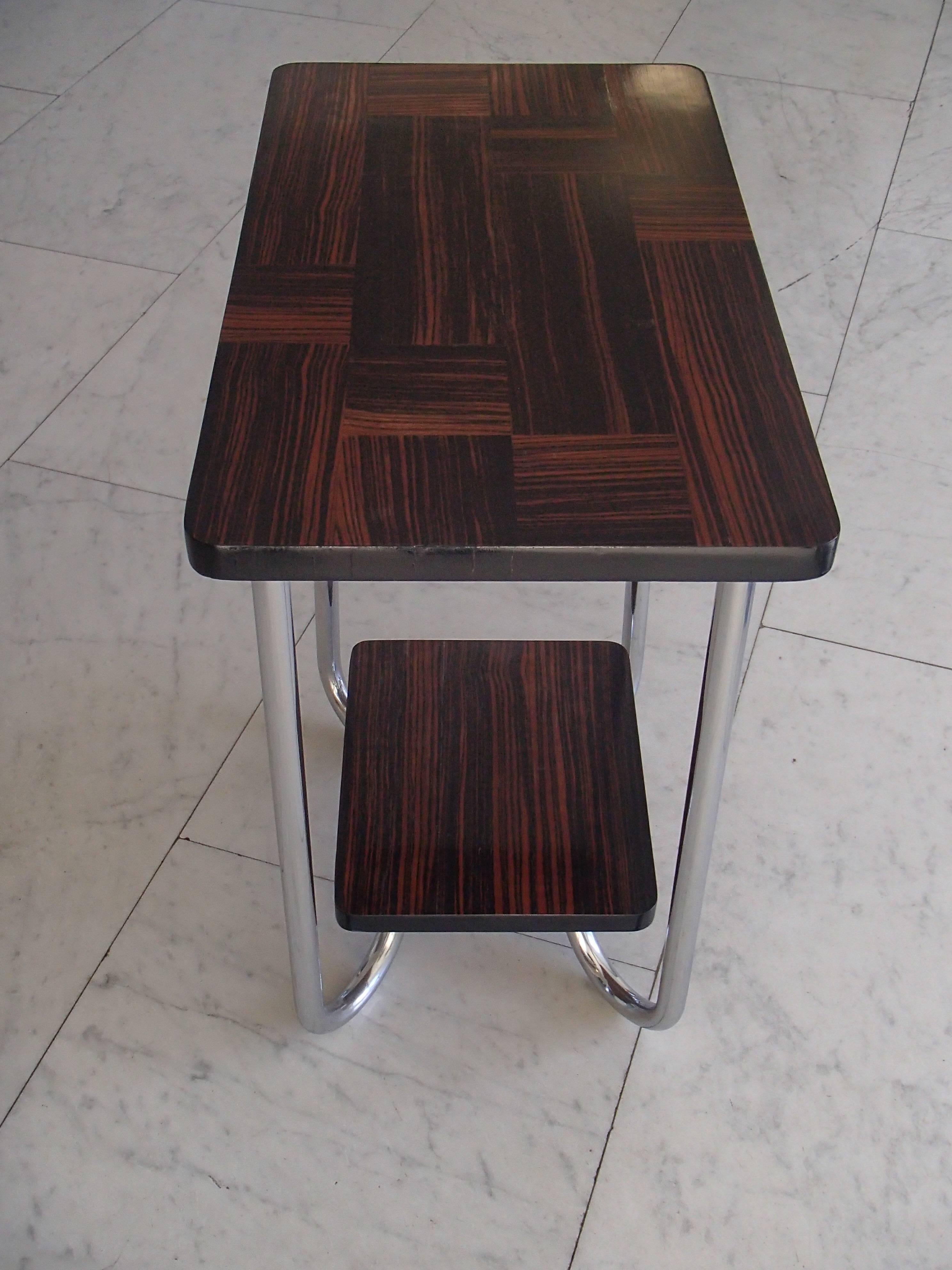 German Modern Bauhaus Side Table Chrome and Inlayed Ebene De Macassar