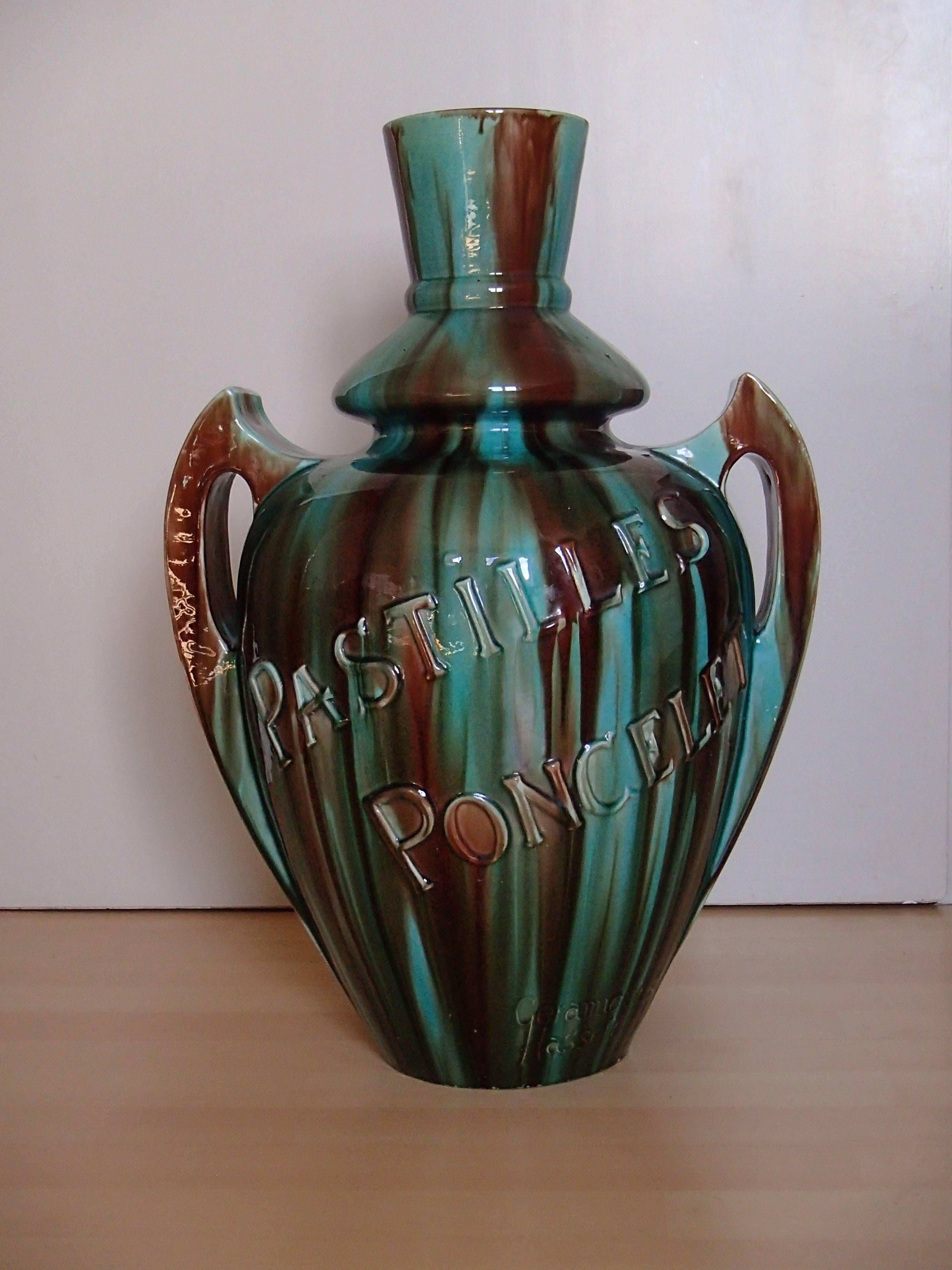 Art Nouveau huge ceramic advertising vase Pastille Poncelet.