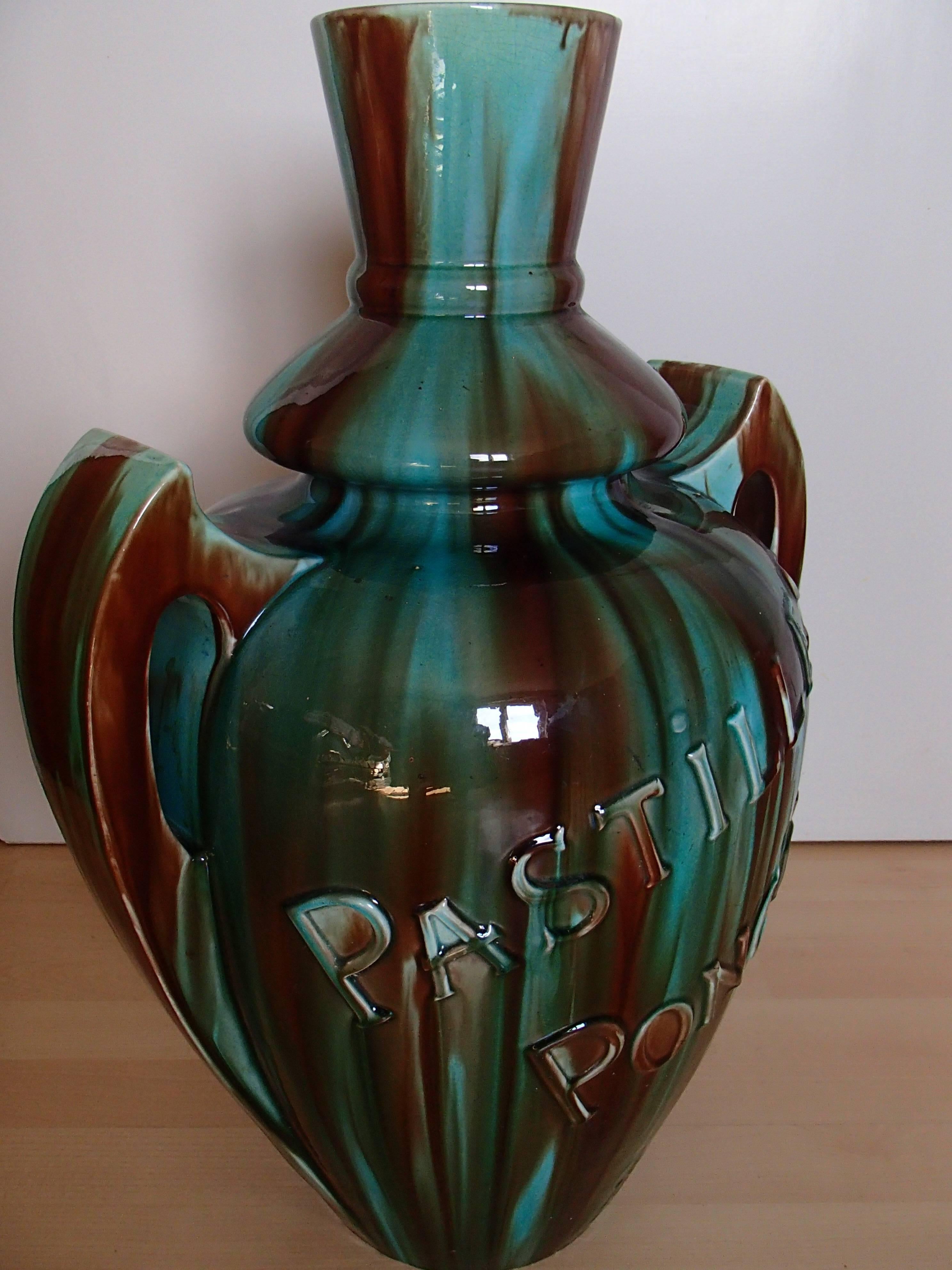 French Art Nouveau Huge Ceramic Advertising Vase Pastille Poncelet For Sale