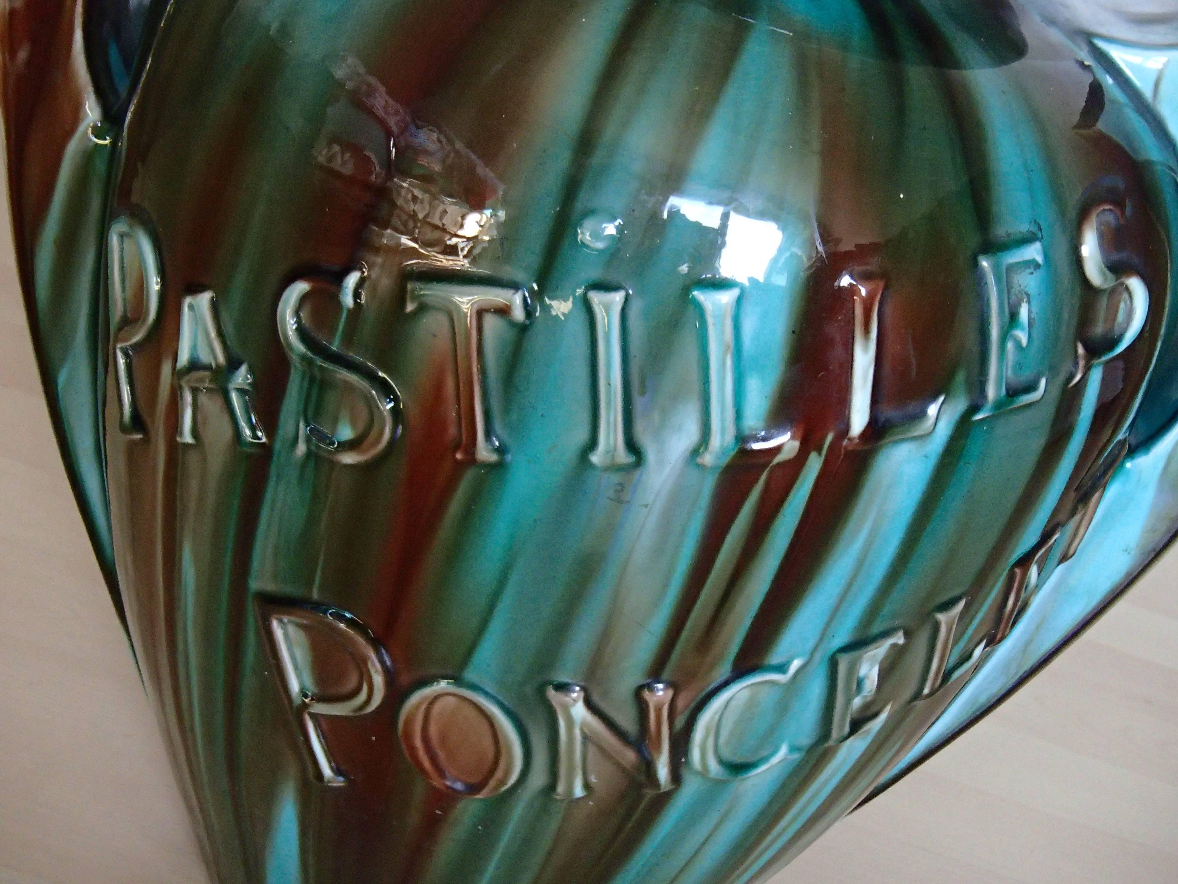 Glazed Art Nouveau Huge Ceramic Advertising Vase Pastille Poncelet For Sale