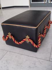 Pair of Unique 1940 Poufs Blue/Black Leatherette with Yellow Red Thick Rope