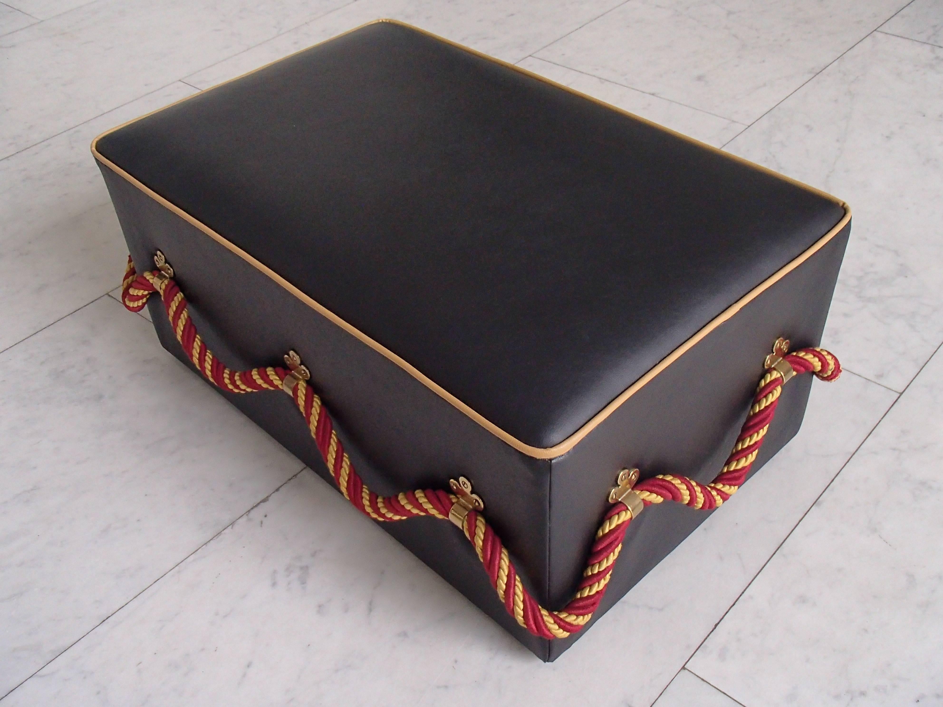 Art Deco Pair of Unique 1940 Poufs Blue/Black Leatherette with Yellow Red Thick Rope For Sale