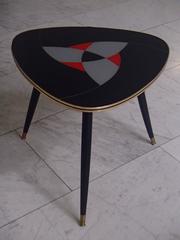 1950s Triangular Side or Coffee Table Rear Glass Painted Black Red Grey