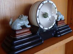 Art Deco Table Clock with Chinese Jade Dogs by Guebelin Lucern Various Marbles