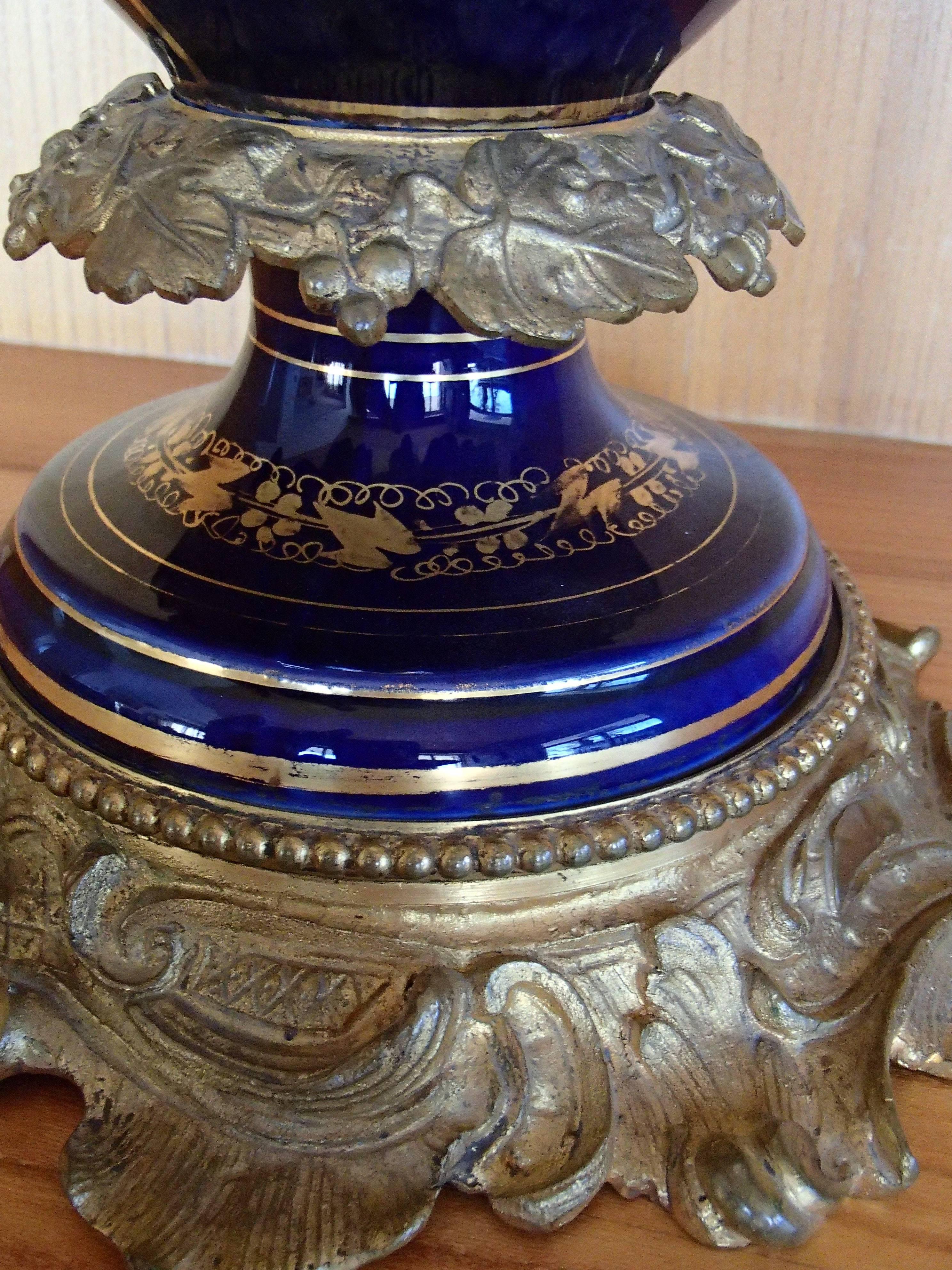 Hand-Carved Napoleon III Amphora Shaped Porcelain Sèvre Vase with Bronze Parts For Sale