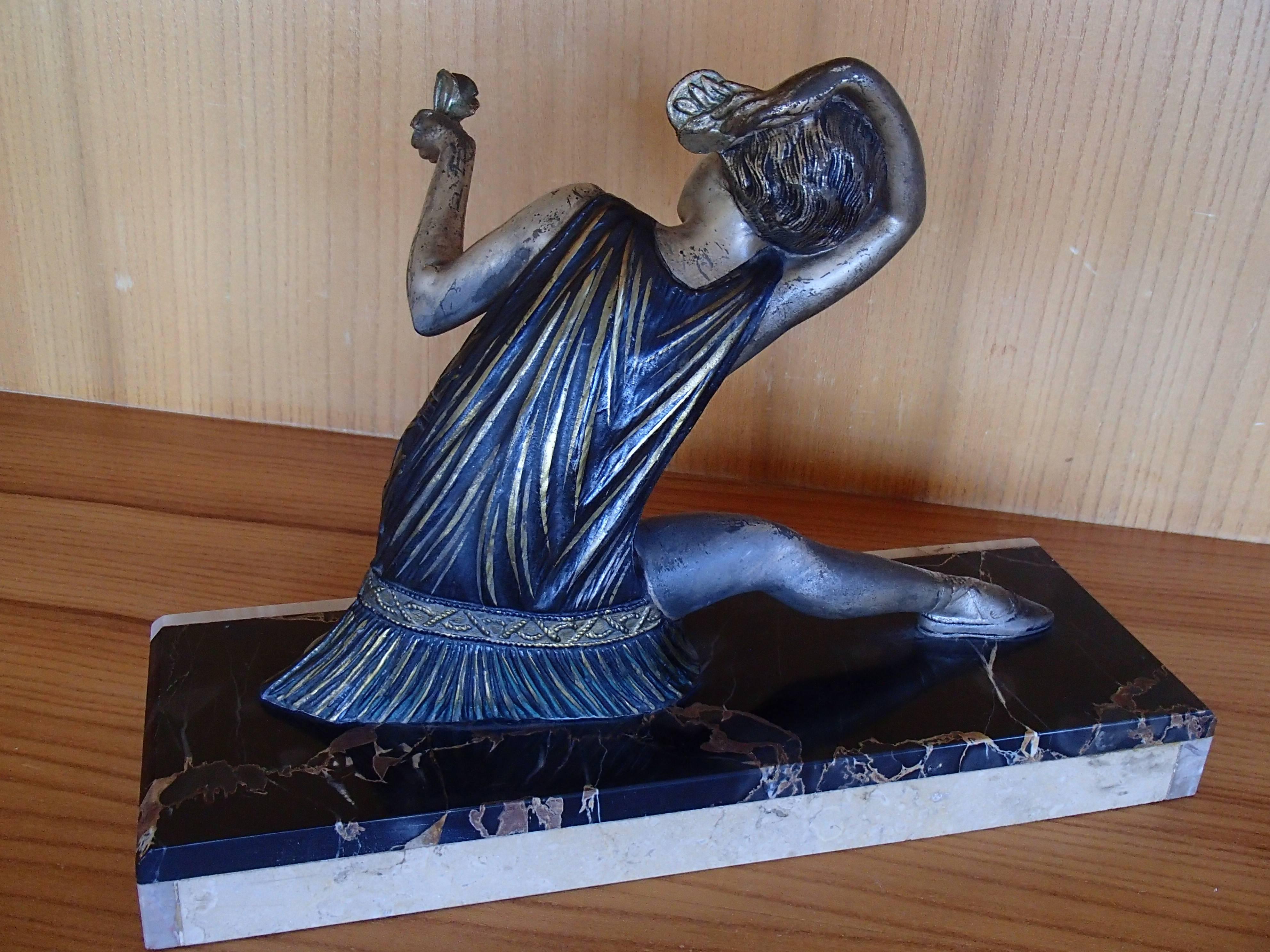 Art Deco Figurine Dancer Bronze on Marble In Good Condition For Sale In Weiningen, CH