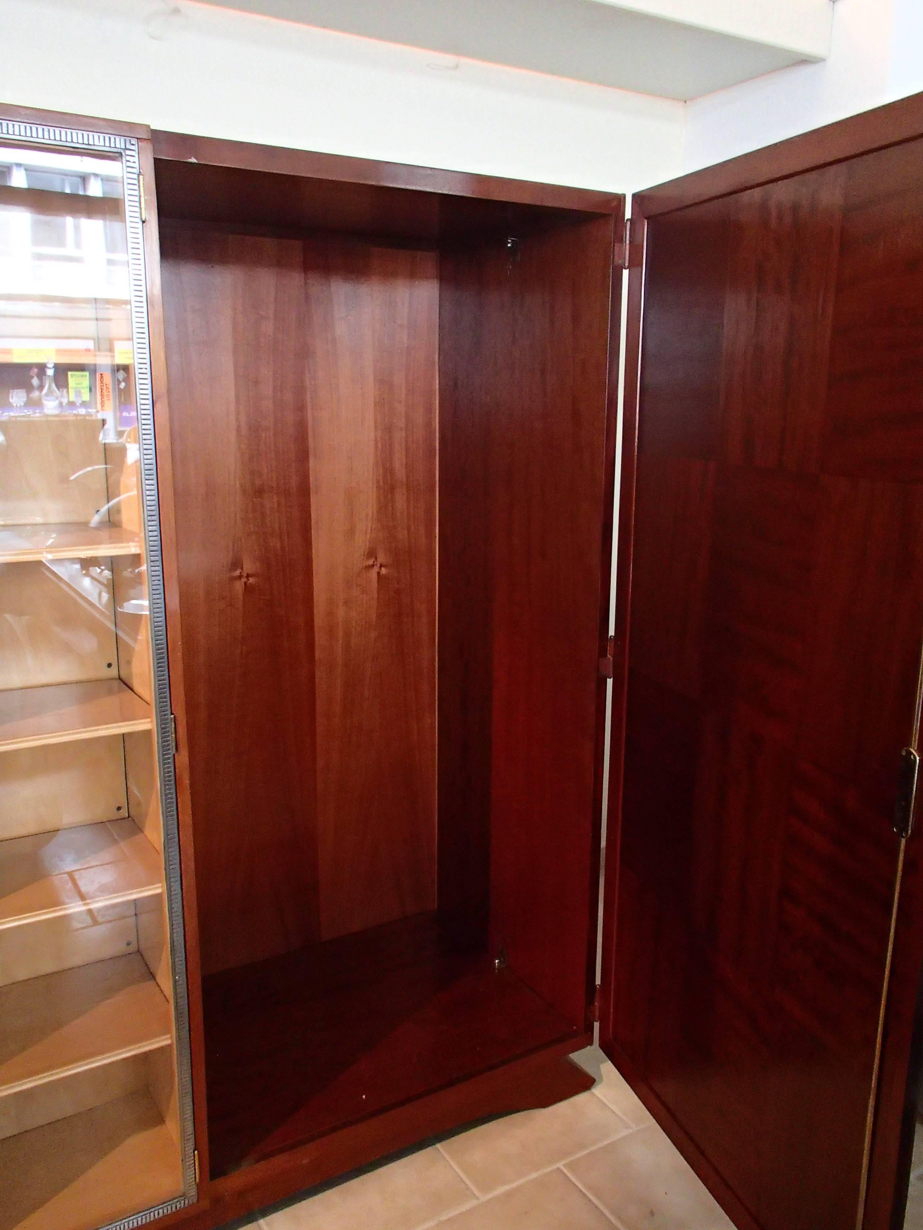 Glass Art Deco Wardrobe Full Mahogany with Pergament like Doors and Wrought Iron For Sale