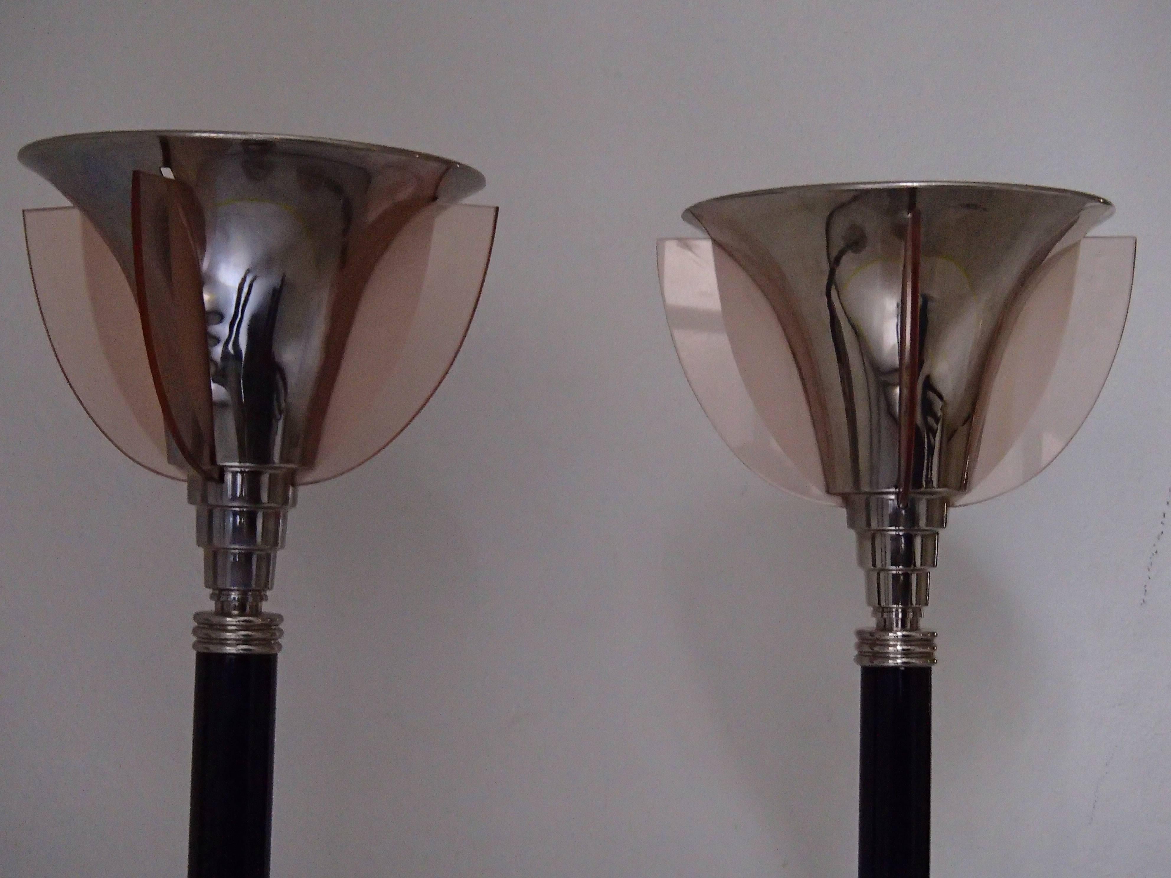 Pair of PETITOT floor lamps with pink glass wings.