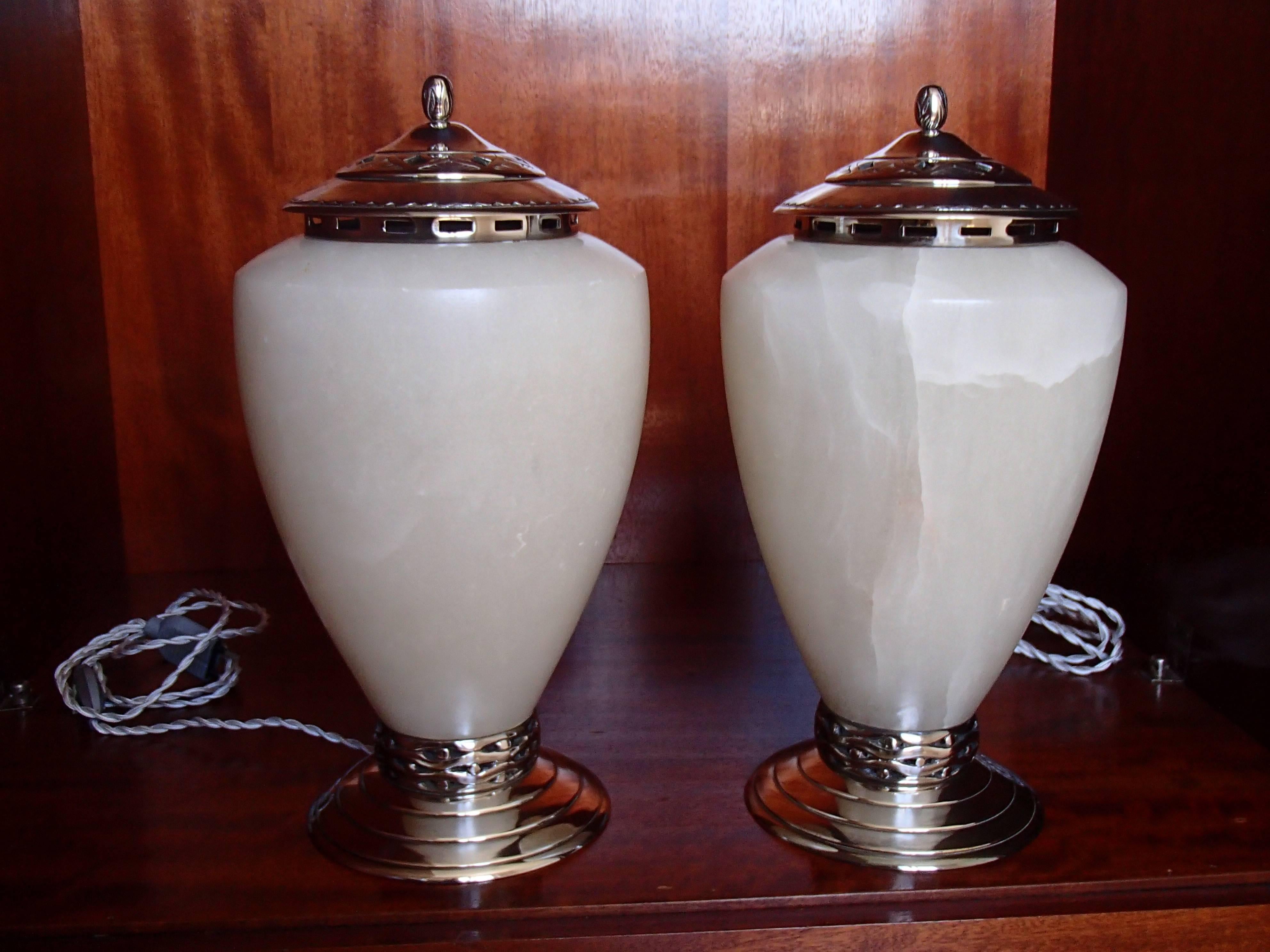 Huge Pair of Alabaster and Silver Plated Table Lamps Maison Pomone 2