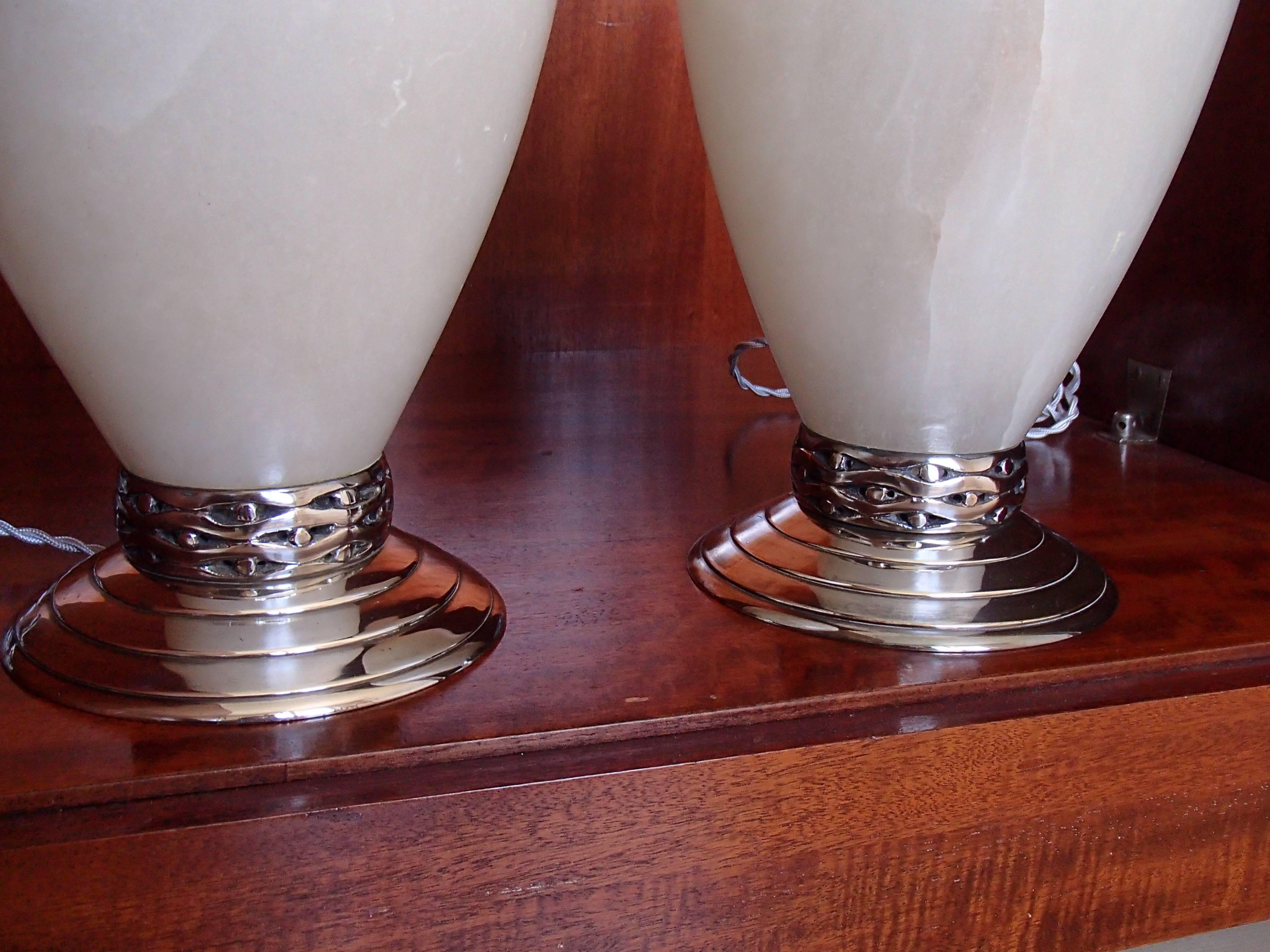 Huge Pair of Alabaster and Silver Plated Table Lamps Maison Pomone 3