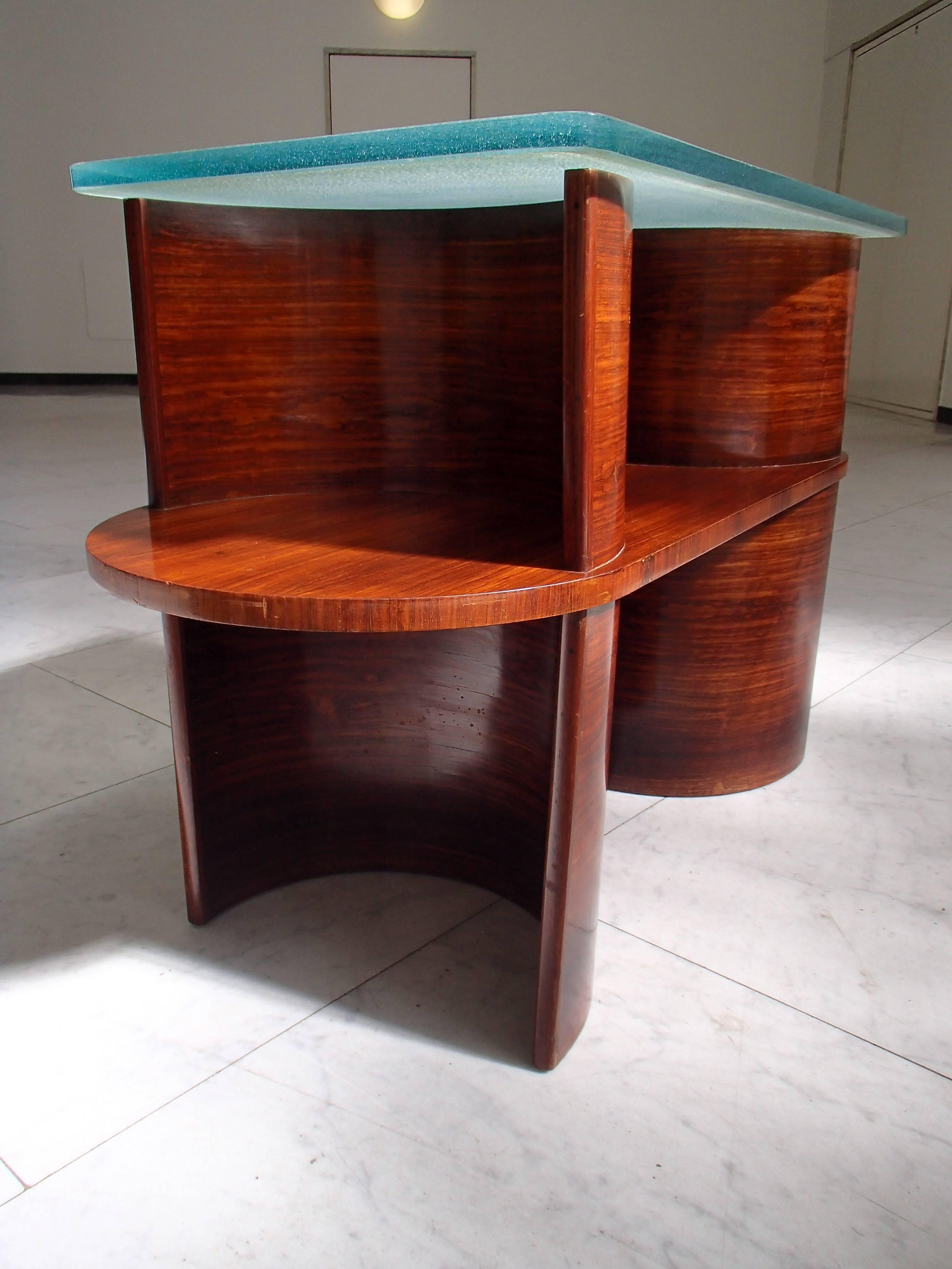 Art déco Table console cubiste moderniste de 1930 en bois de rose et plateau en verre épais en vente