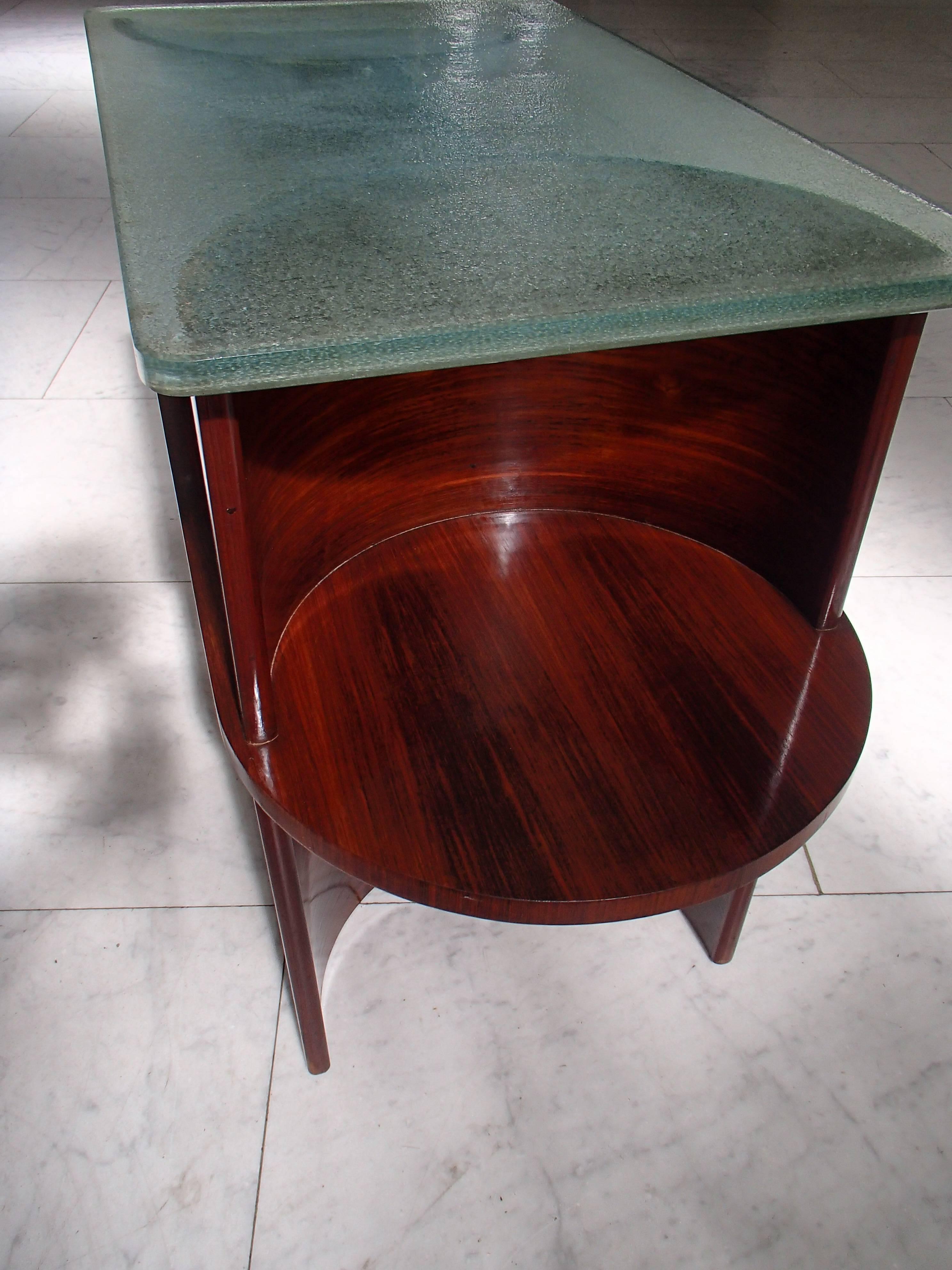 Verni Table console cubiste moderniste de 1930 en bois de rose et plateau en verre épais en vente