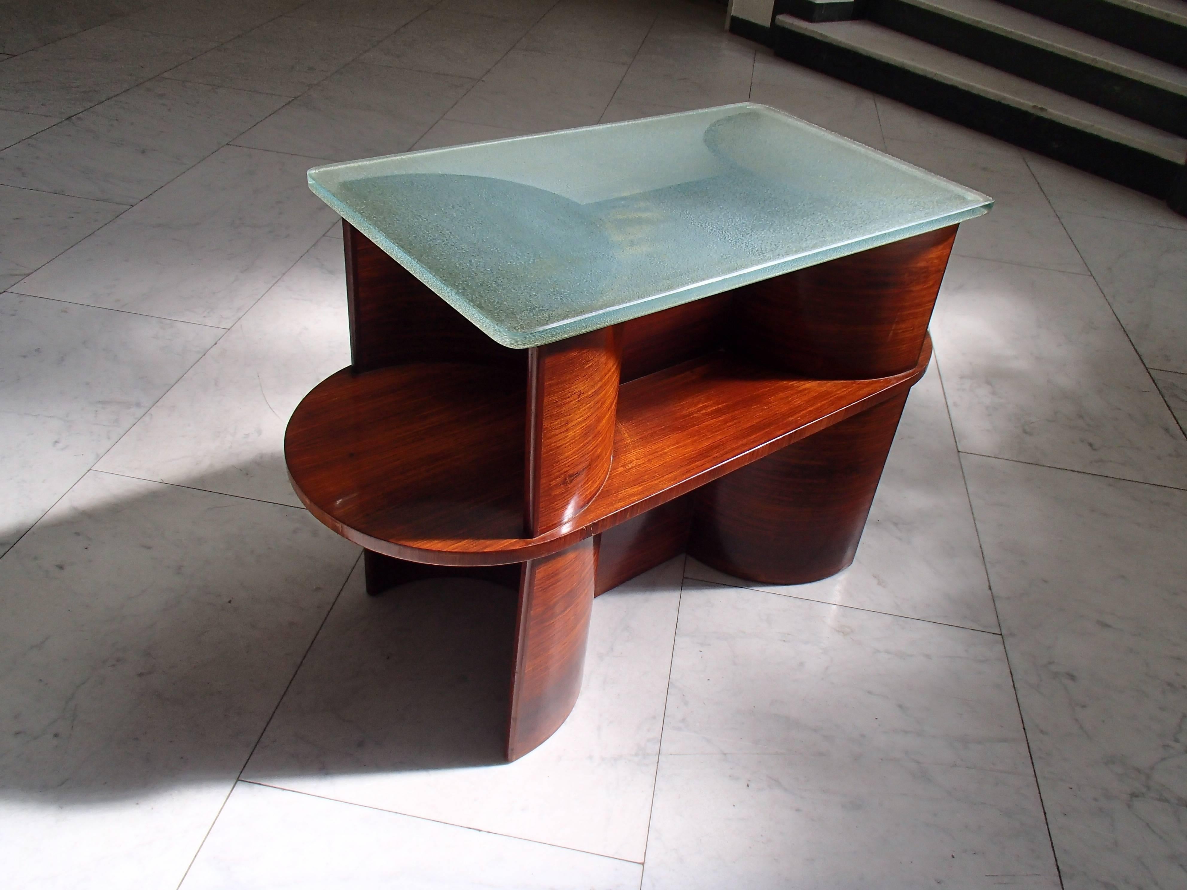 Verre Table console cubiste moderniste de 1930 en bois de rose et plateau en verre épais en vente