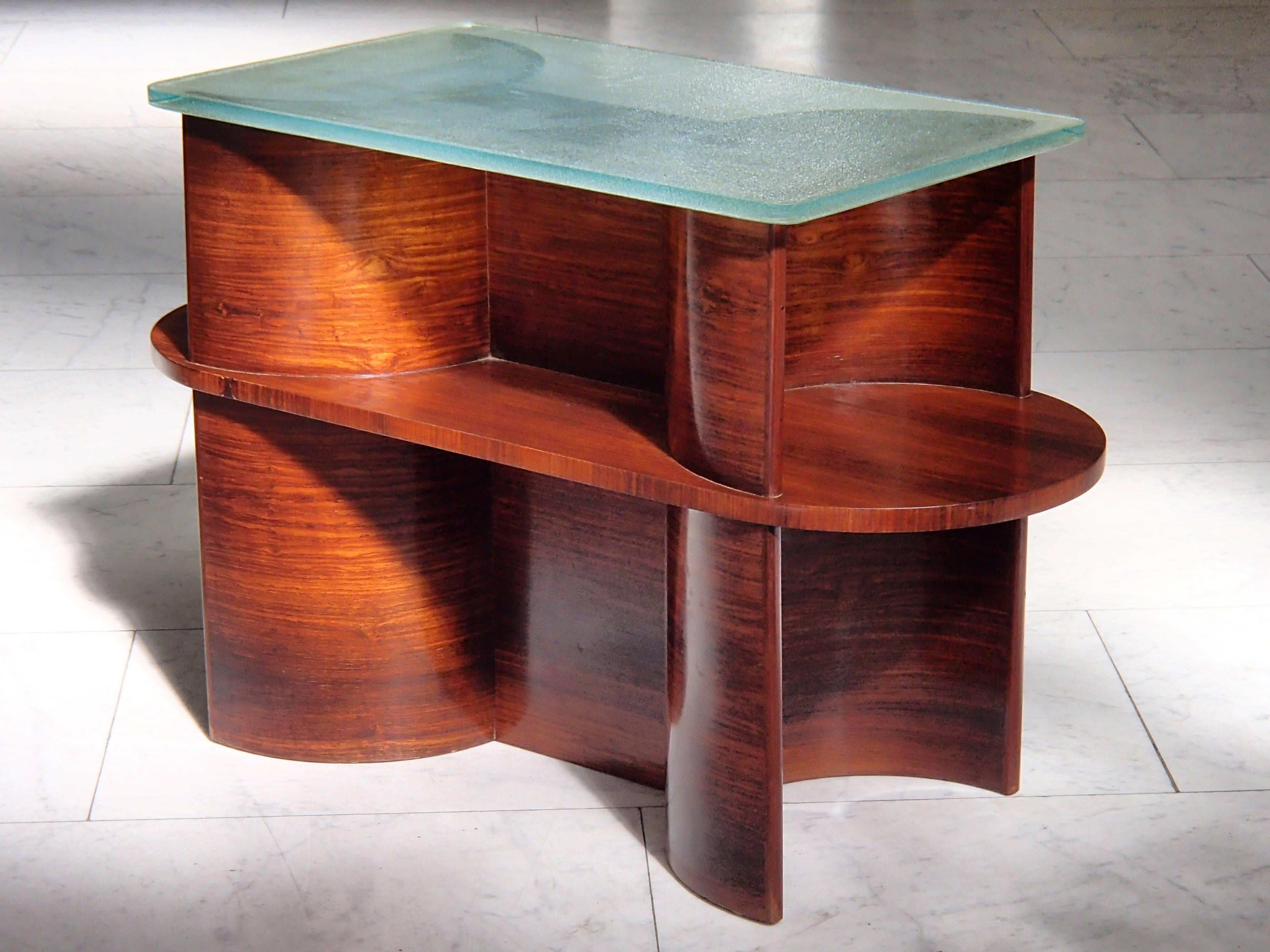 Table console cubiste moderniste de 1930 en bois de rose et plateau en verre épais en vente 1