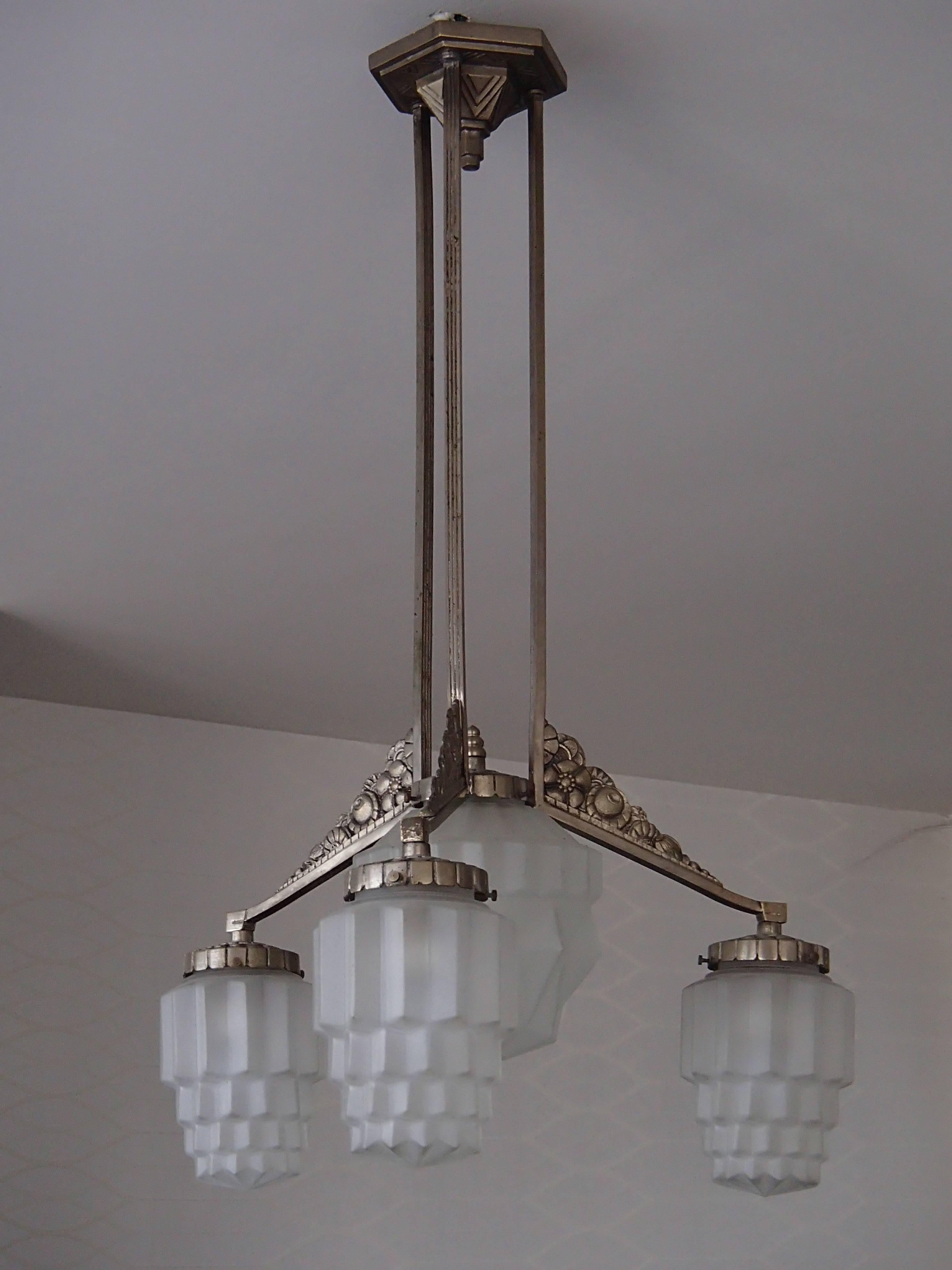Opaline Glass Art Deco Chandelier Geometric & Floral Nickel Holder and Geometric Satined Glass