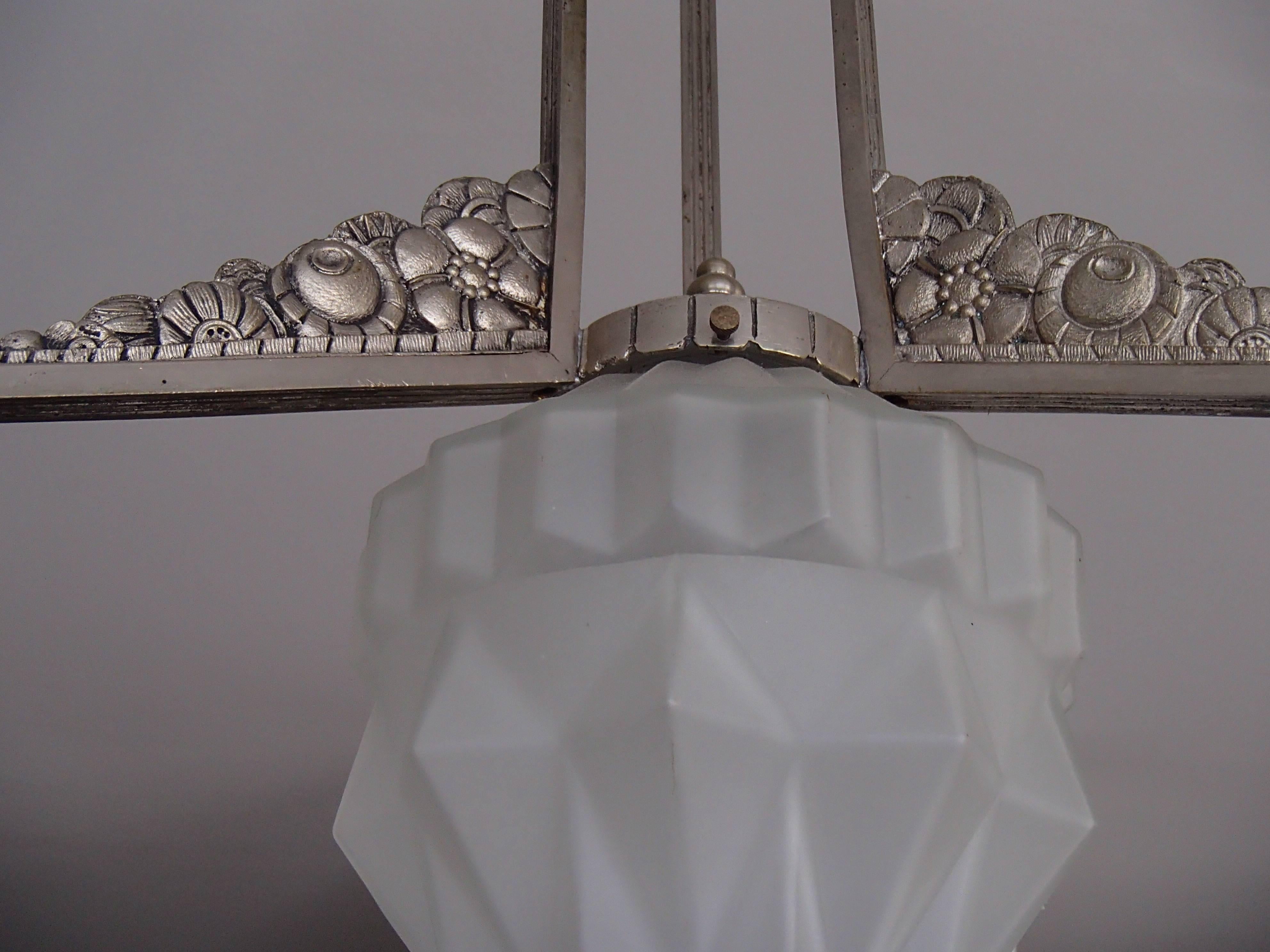 Art Deco Chandelier Geometric & Floral Nickel Holder and Geometric Satined Glass 1