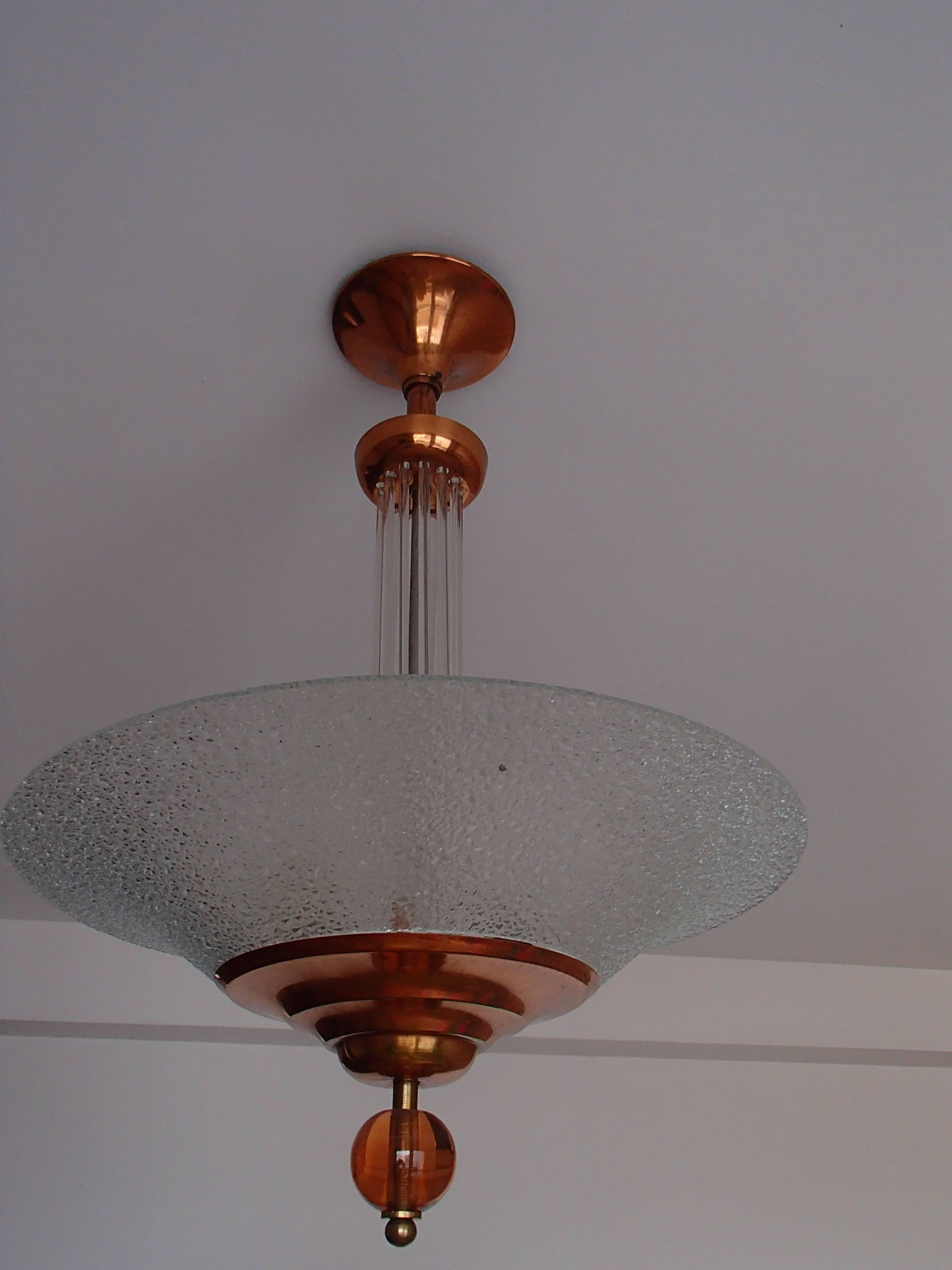 Art Deco Chandlier Copper with Glass Pink Glass Ball and Glass Sticks In Good Condition In Weiningen, CH