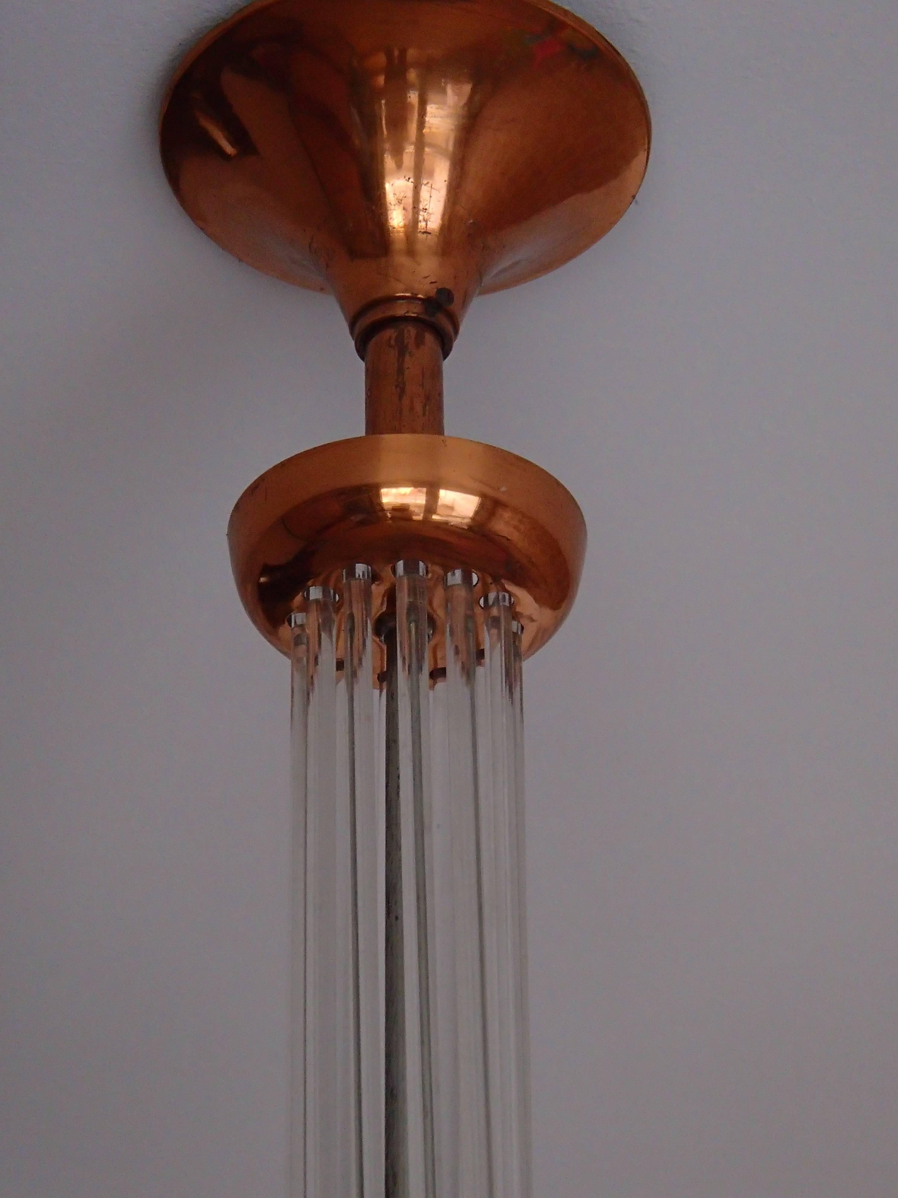 Art Deco chandlier copper with glass pink glass ball and glass sticks.
