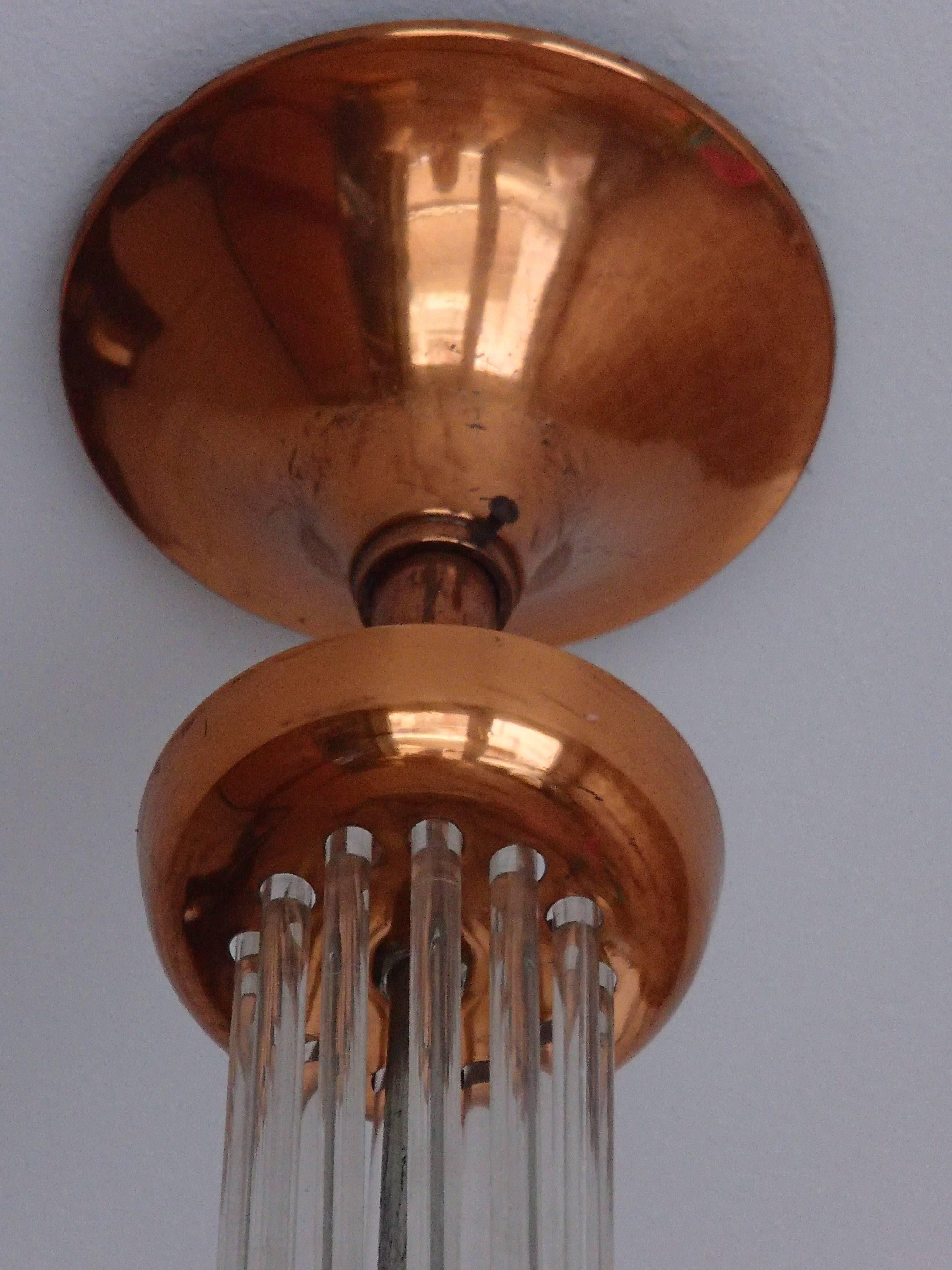 Mid-20th Century Art Deco Chandlier Copper with Glass Pink Glass Ball and Glass Sticks