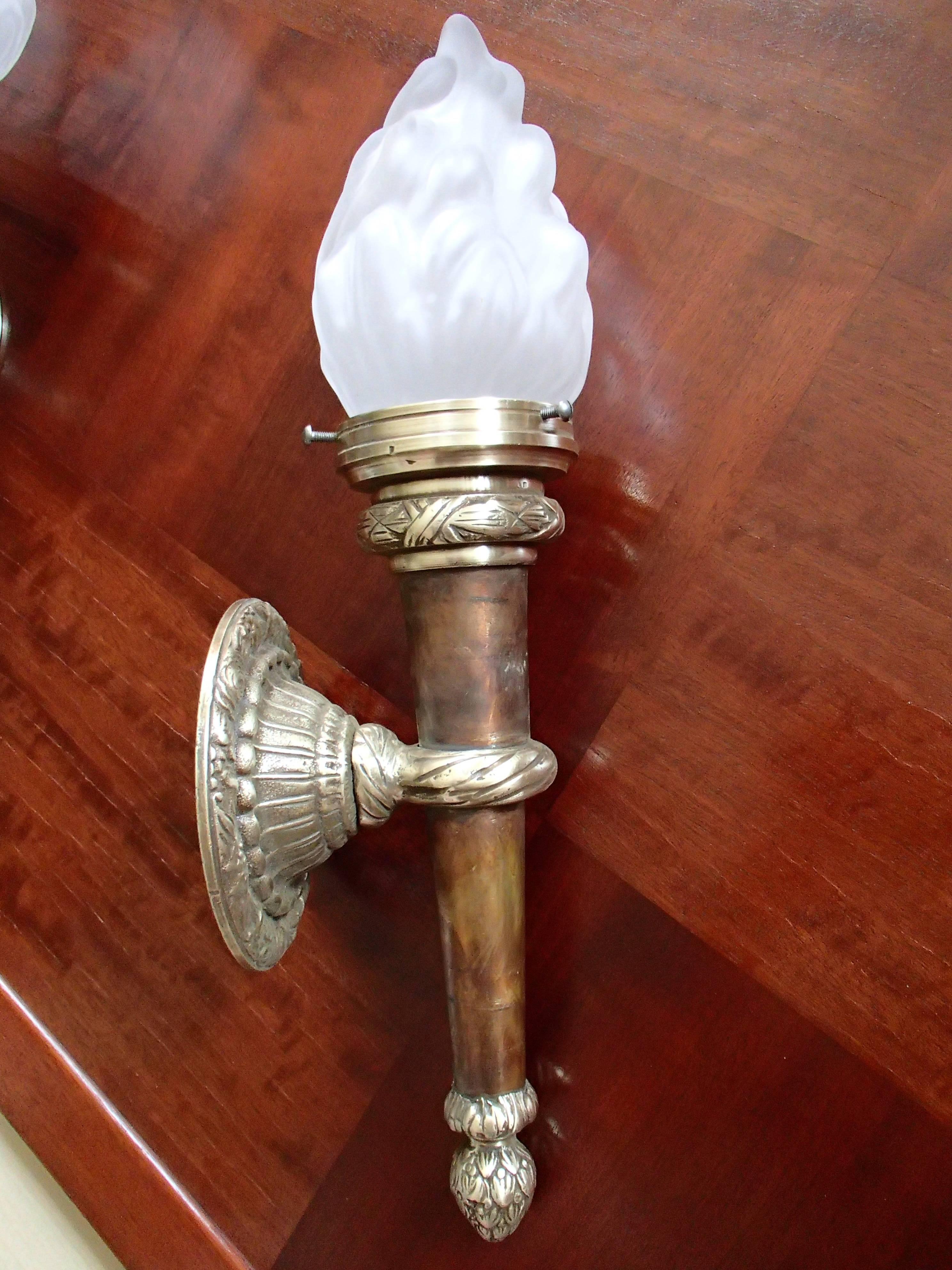 Molded Four Huge Walllights Torches with Flame Glass