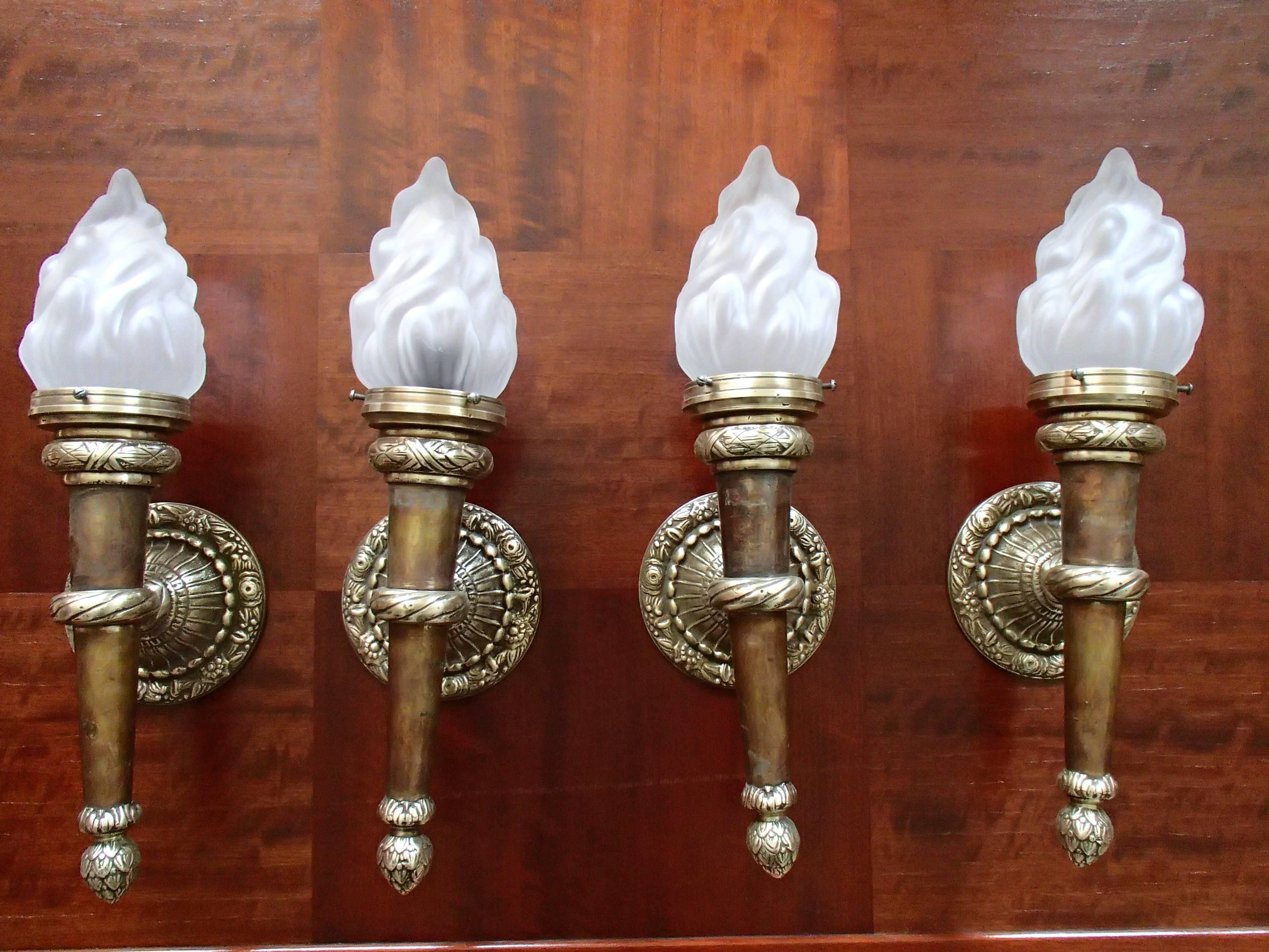 Early 20th Century Four Huge Walllights Torches with Flame Glass