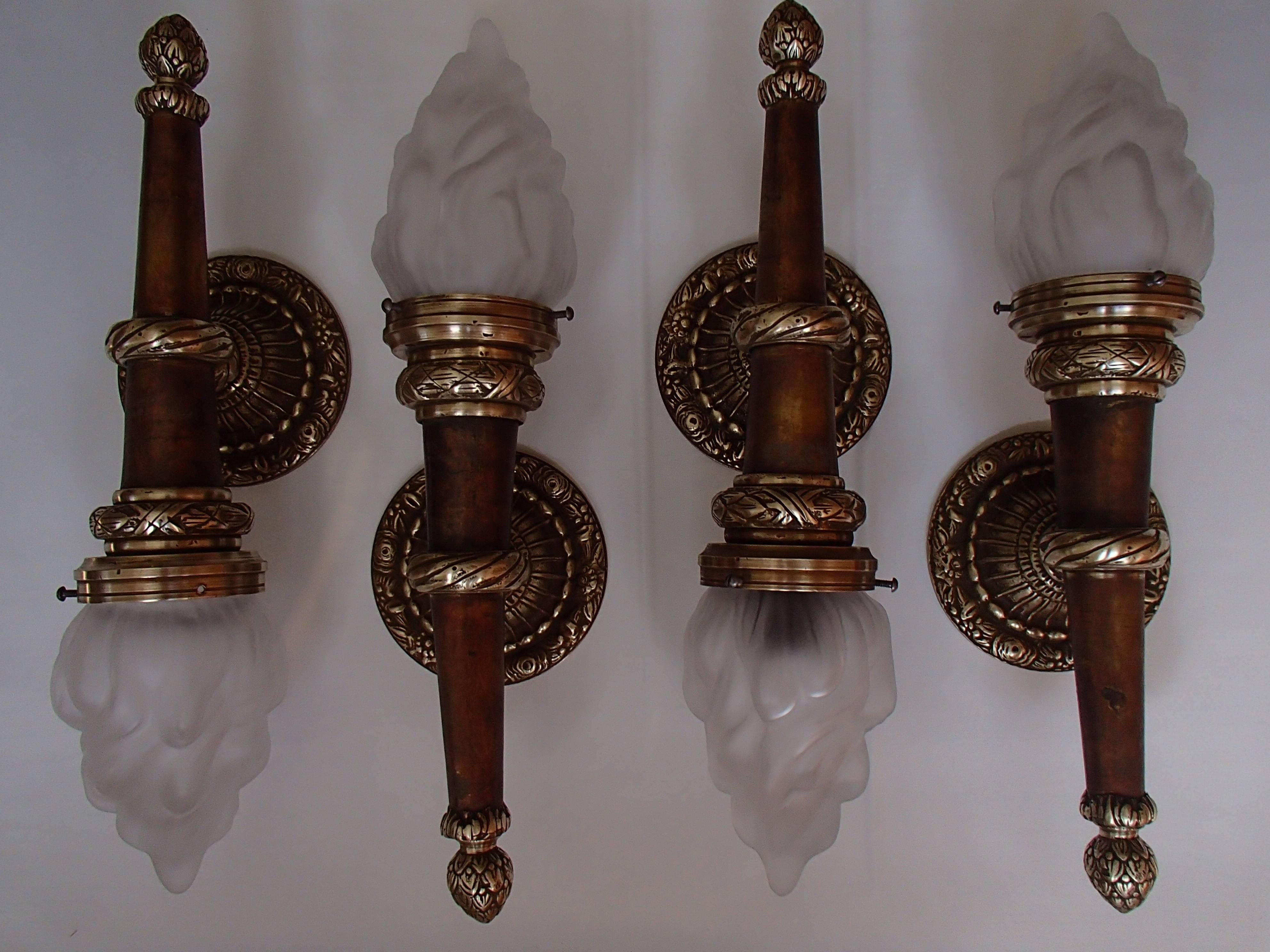 Bronze Four Huge Walllights Torches with Flame Glass