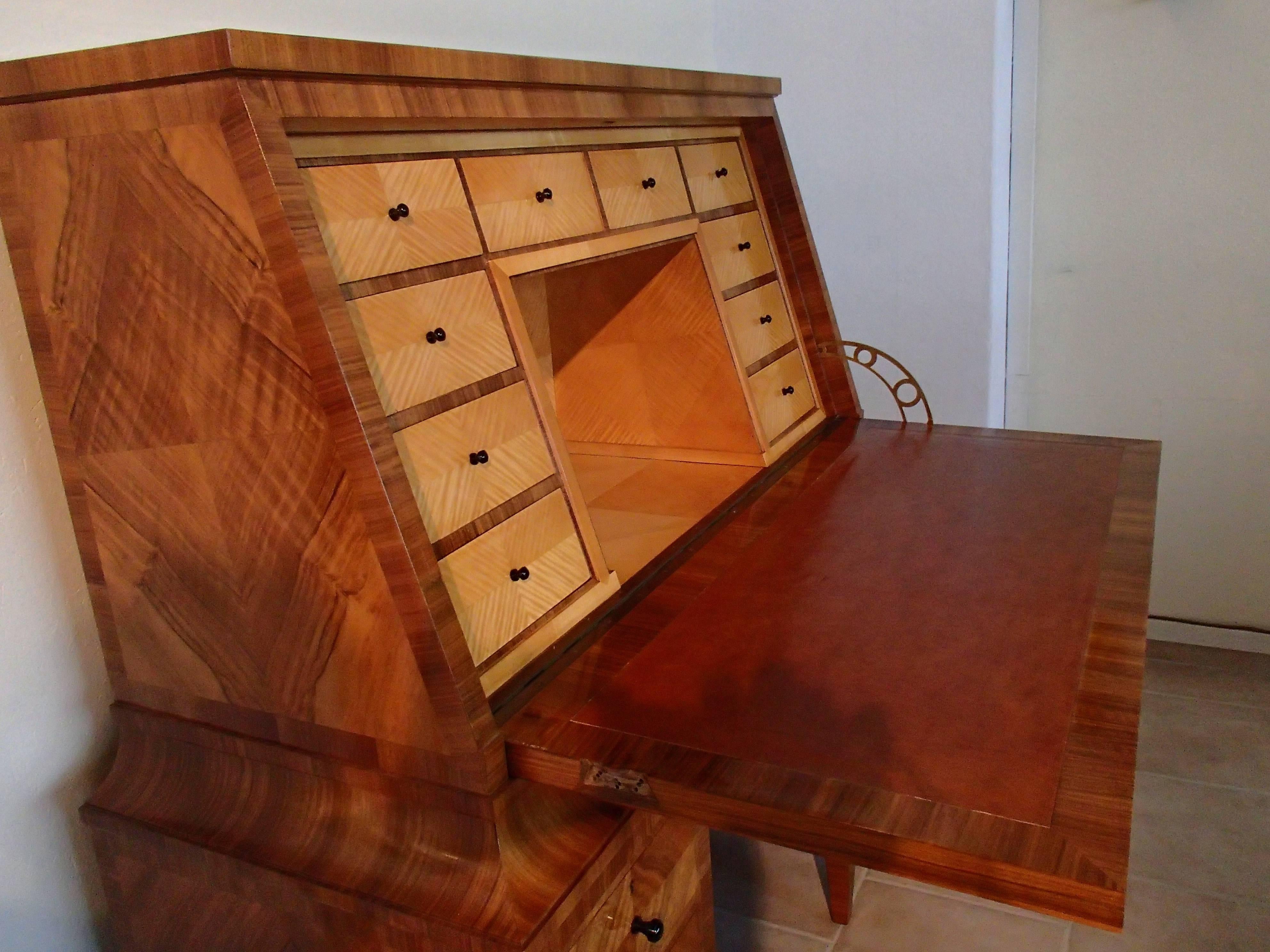 Inlay 1920 Walnut Secretaire with 16 Drawers and Leather Desk For Sale