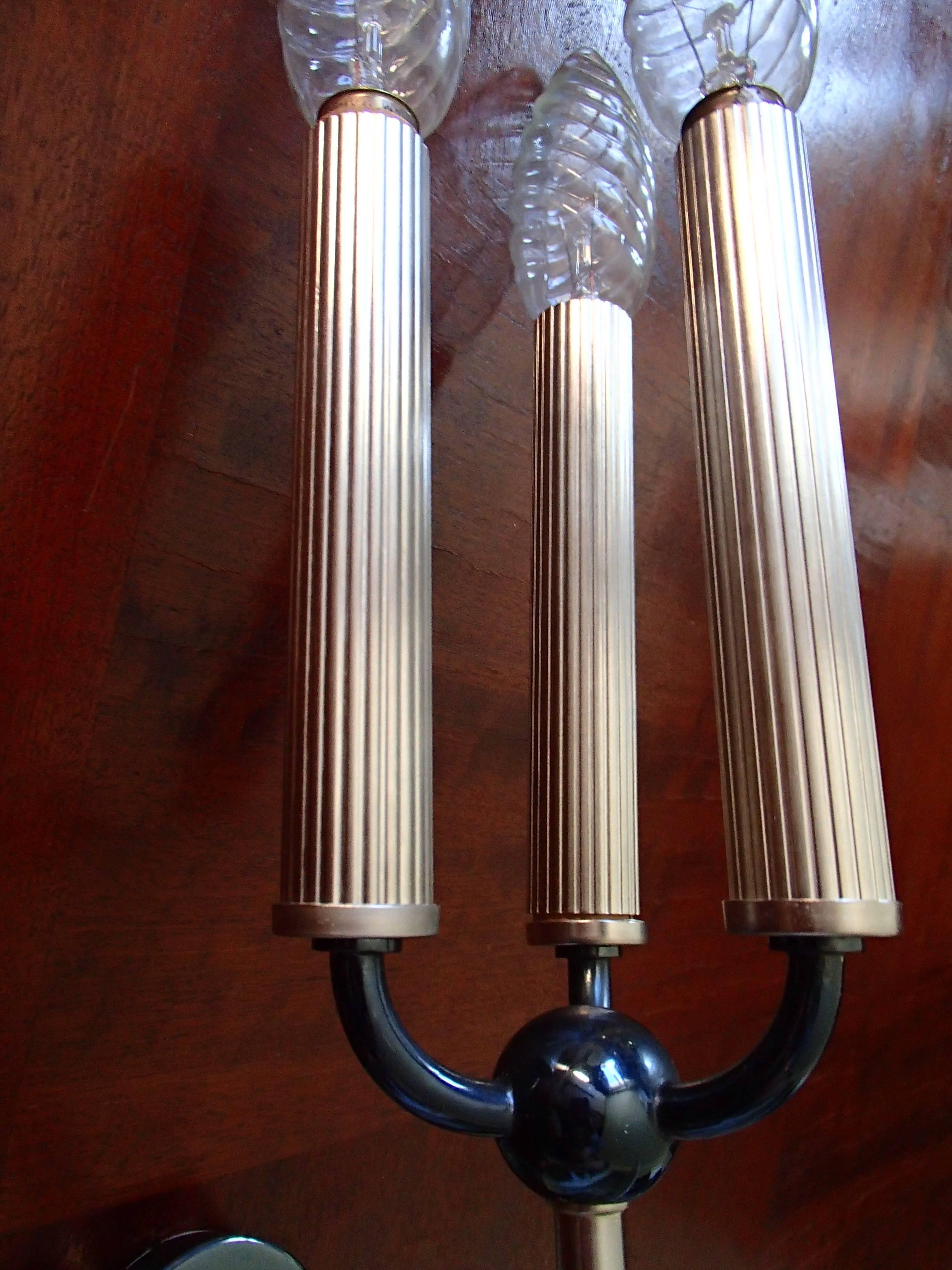 Mid-20th Century Pair of Art Deco Wall Lights/Scones Three Flamed Nickel and Bluish Black  For Sale