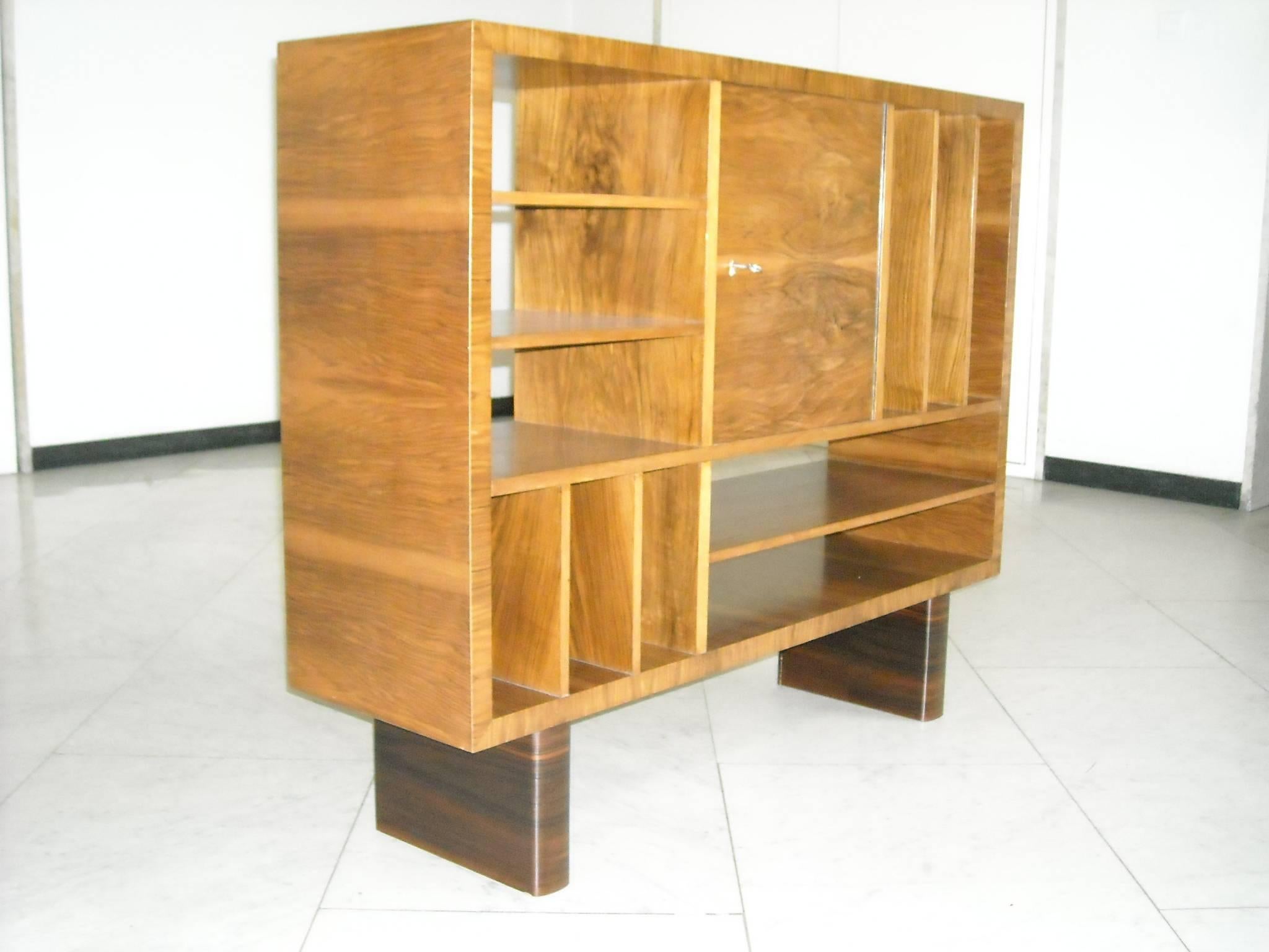 Art Deco bookshelf, bar or room divider walnut can be placed in the middle for the room as it is all-over veneered.