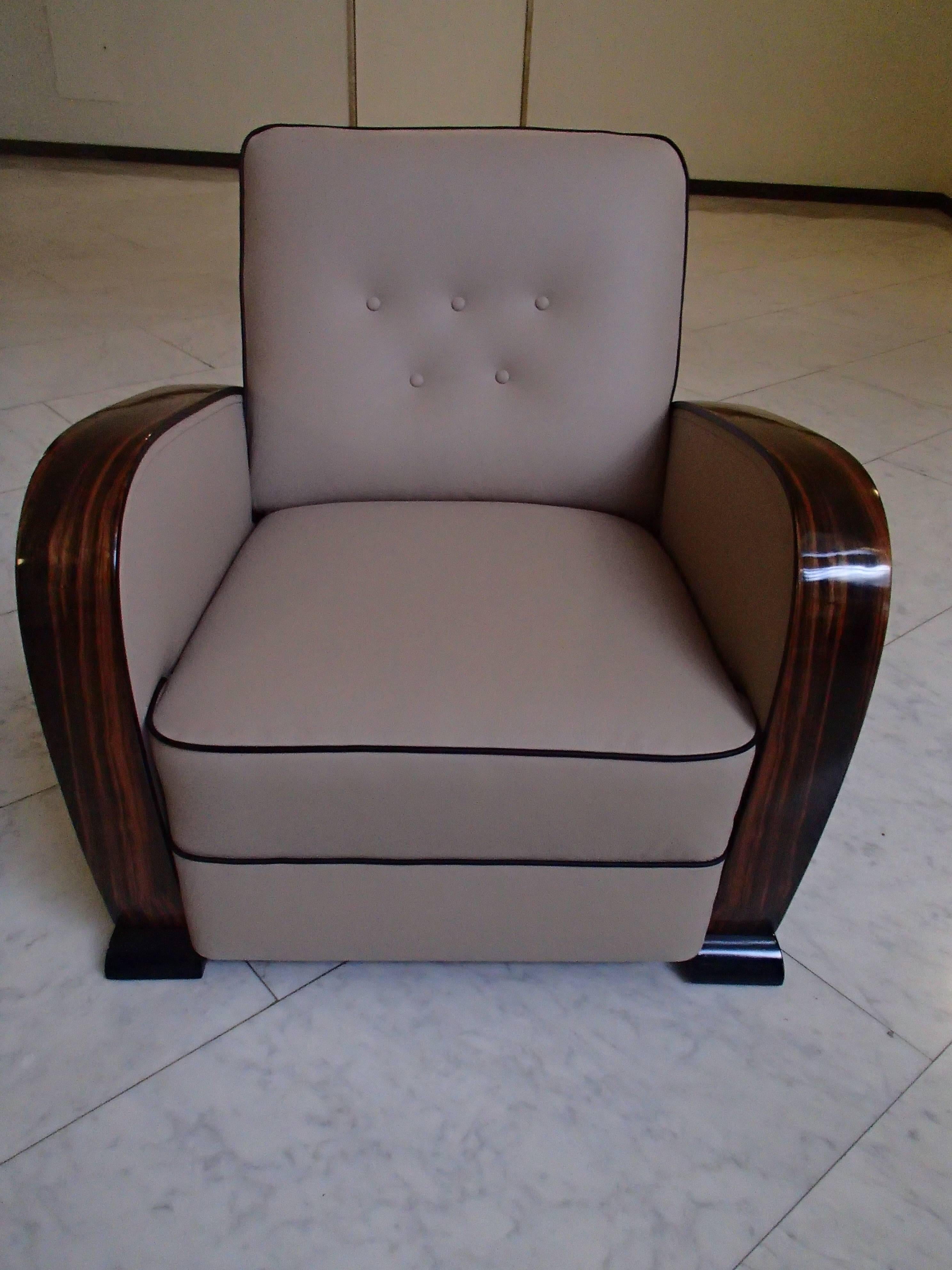 Art Deco leather club chair with ebene de macassar handles new upholstered and recovered with leather.