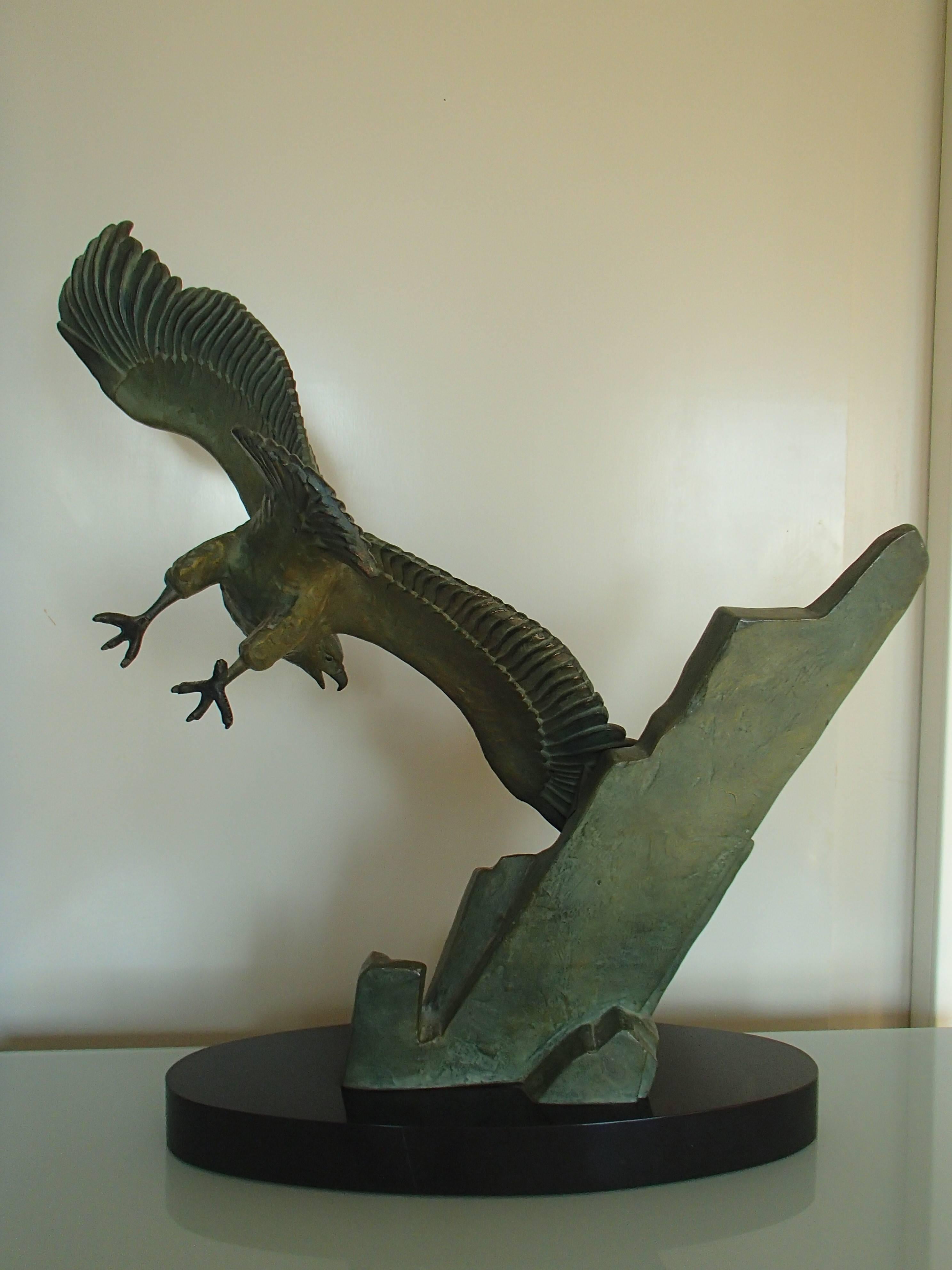 French Art Deco Bronze Flying Eagle on a Rock Black Marble Base by Rulas