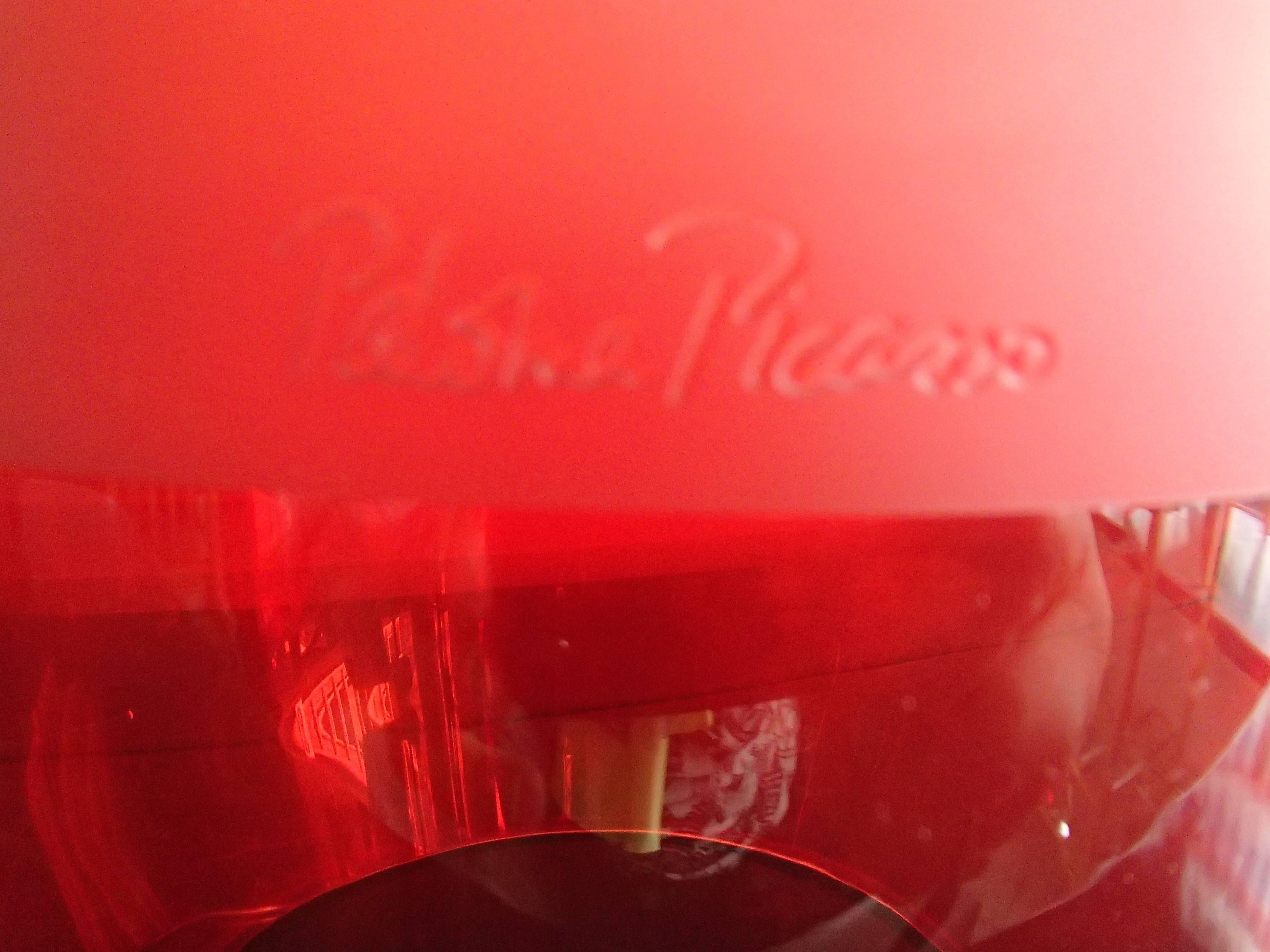 Modern huge red glass signed by Paloma Picasso without base may be used for dry flowers, candles.