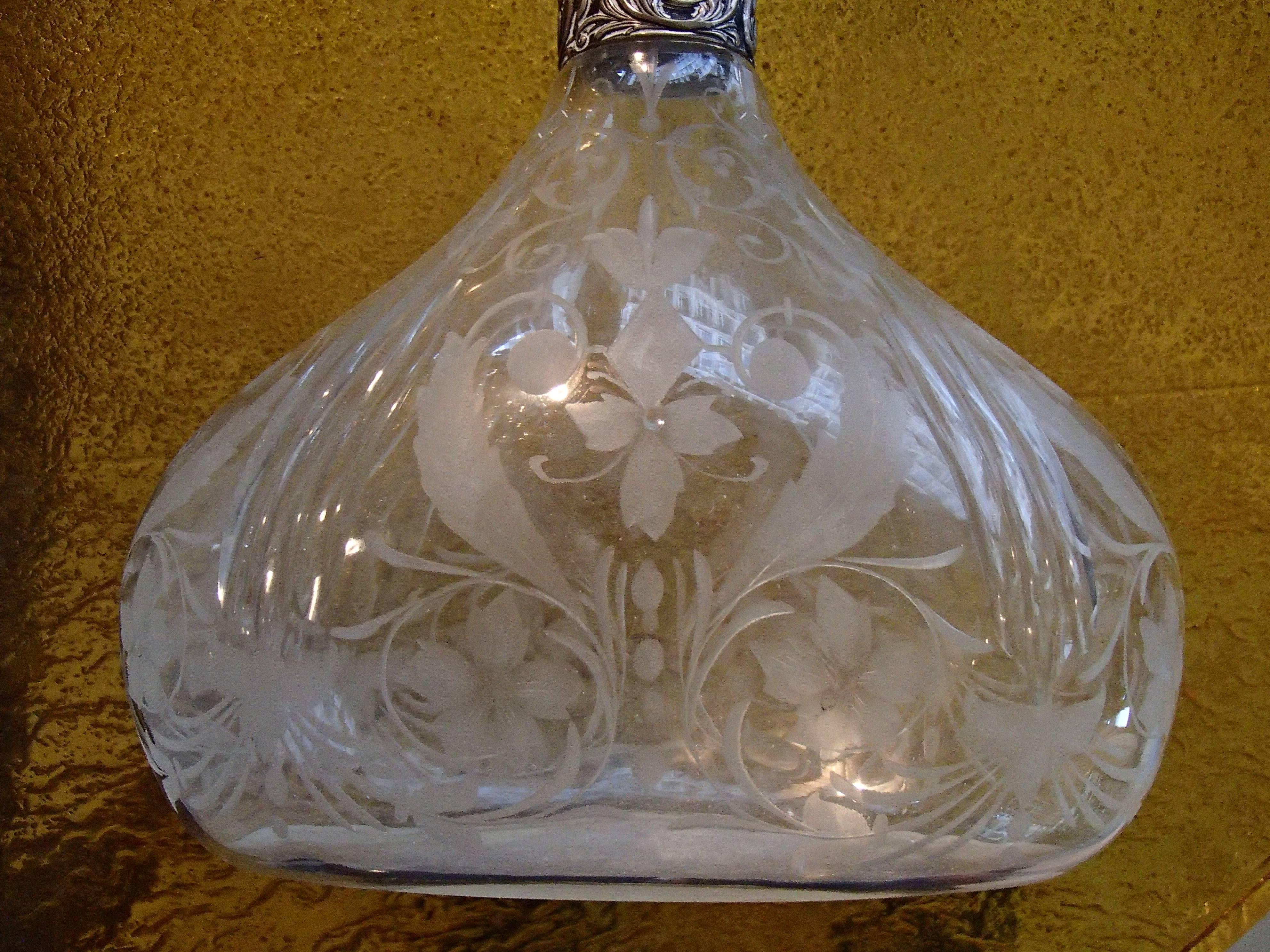 19th Century Bohemian Carafe Carved Glass, Silver Neck and Tape For Sale 3