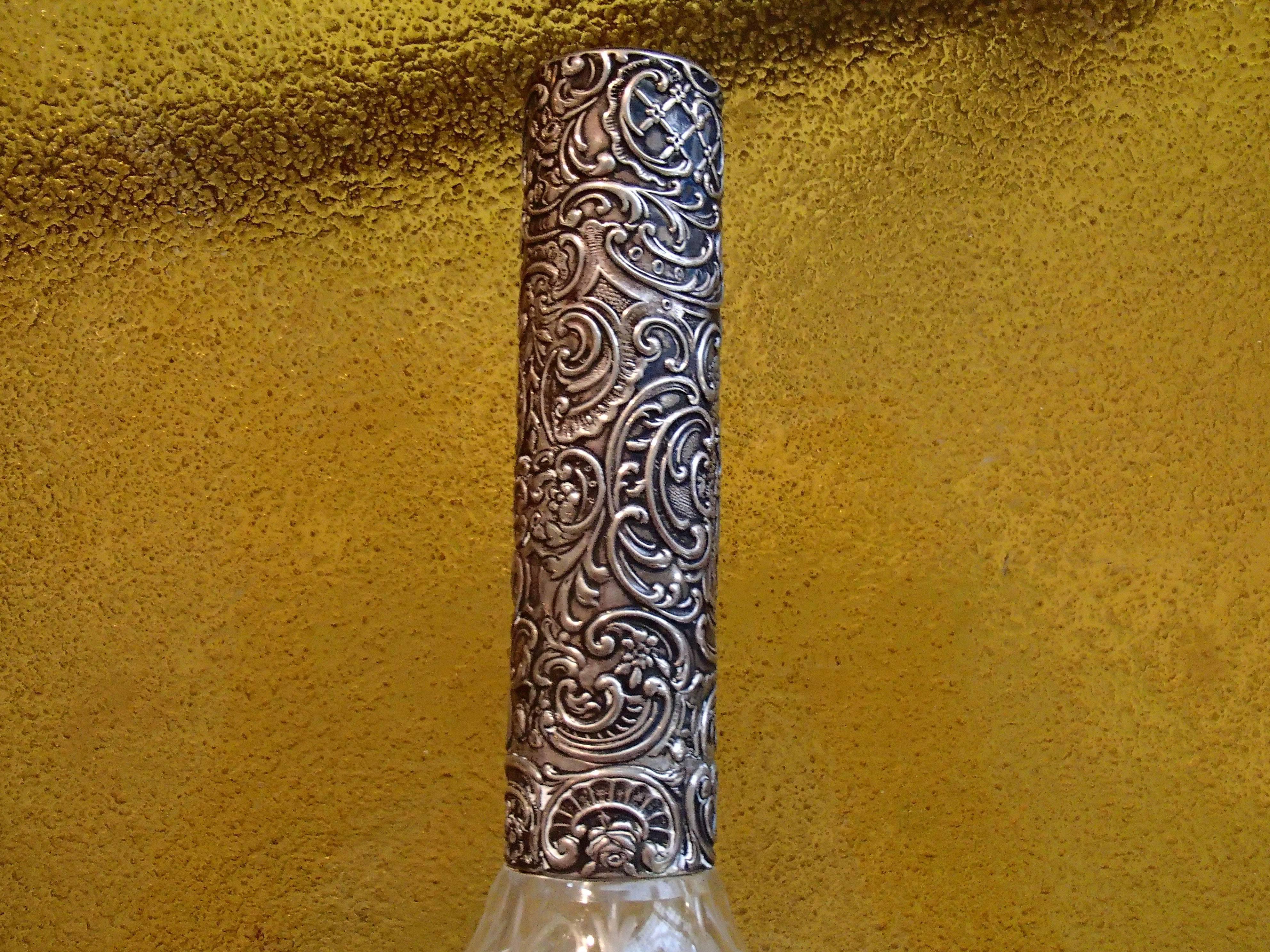 Baroque 19th Century Bohemian Carafe Carved Glass, Silver Neck and Tape For Sale