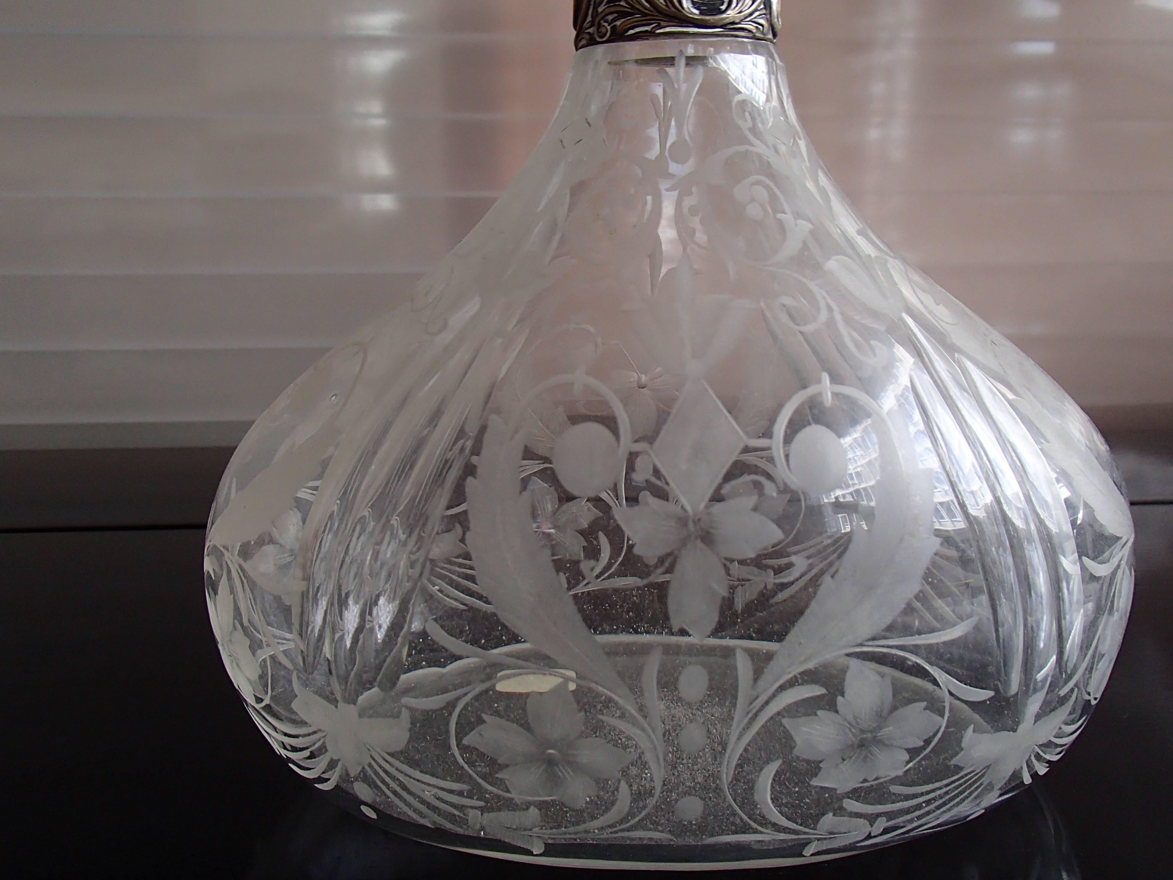 Czech 19th Century Bohemian Carafe Carved Glass, Silver Neck and Tape For Sale