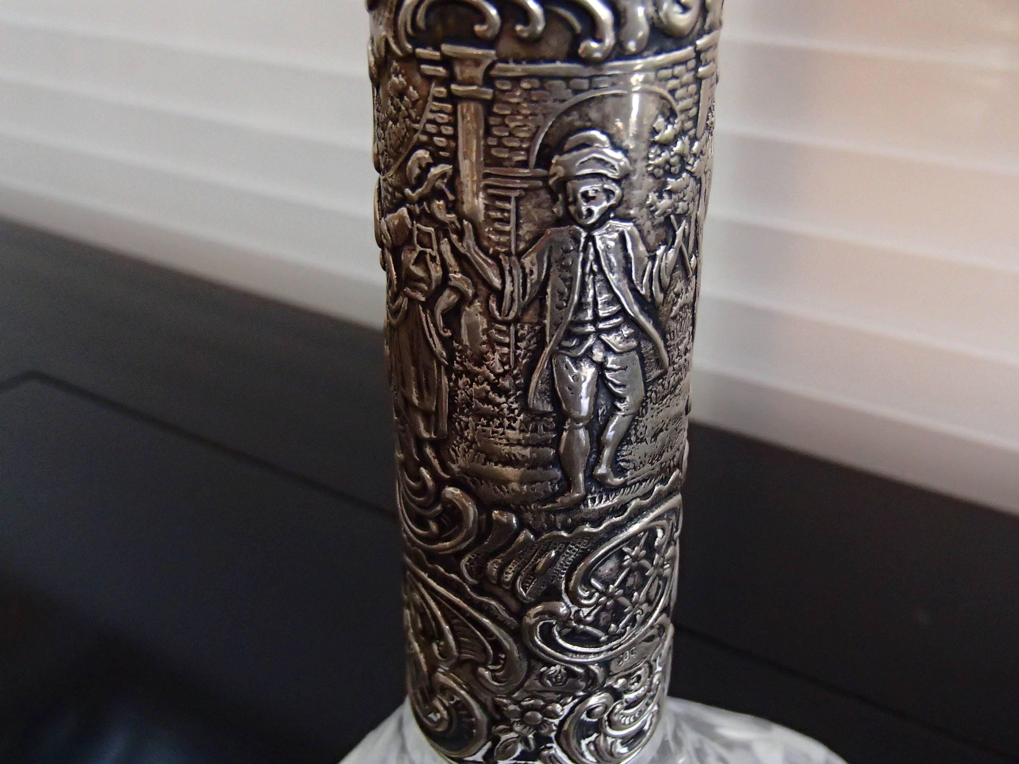 20th Century 19th Century Bohemian Carafe Carved Glass, Silver Neck and Tape For Sale