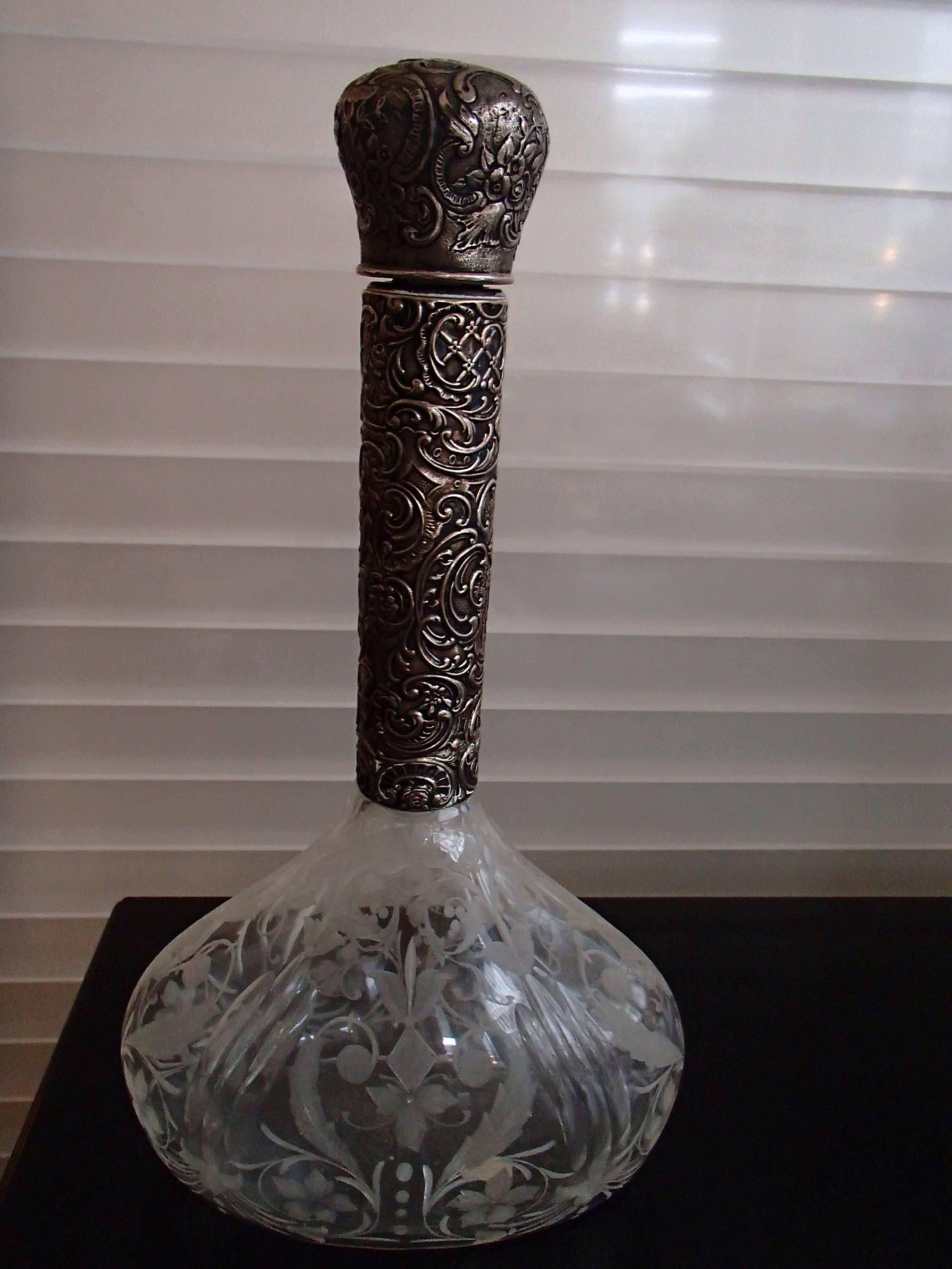 19th Century Bohemian Carafe Carved Glass, Silver Neck and Tape For Sale 1