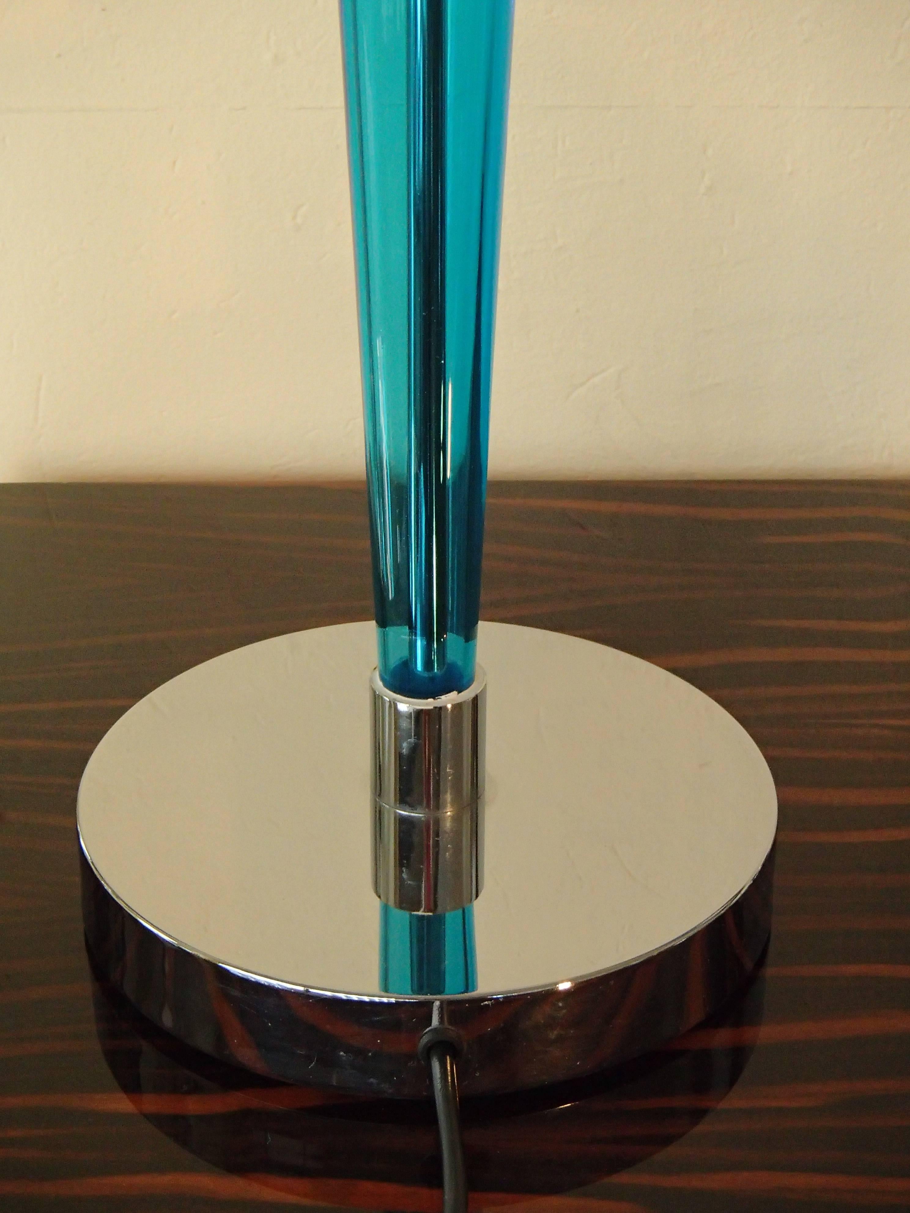 1980, this huge glass and chrome table lamp turquoise foot opal shade. The upper glass cover is flexible to direct the light. Model COPPA.