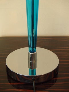1980, Huge Glass Chrome Table Lamp Turquoise Foot Opal Shade by Jeannot Cerutti