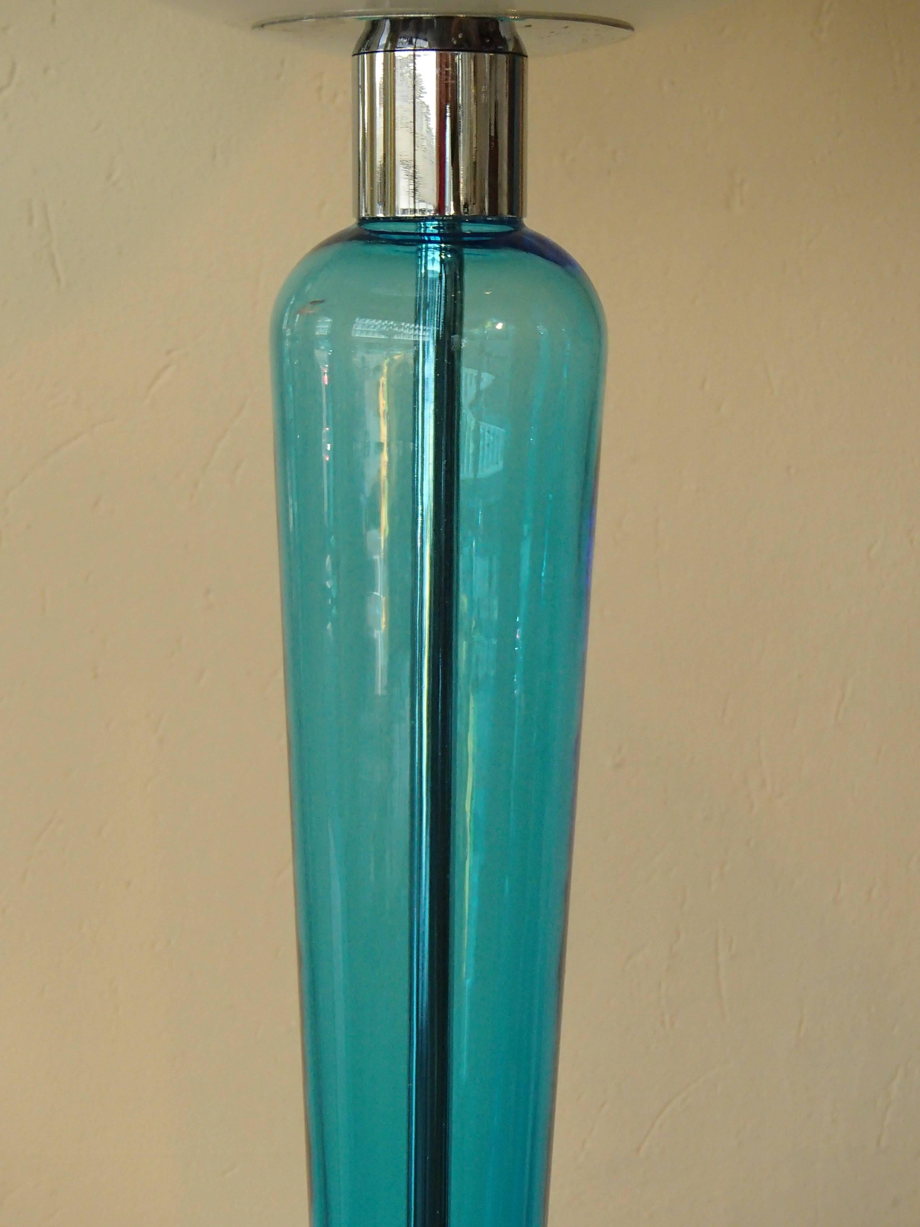 Modern 1980, Huge Glass Chrome Table Lamp Turquoise Foot Opal Shade by Jeannot Cerutti