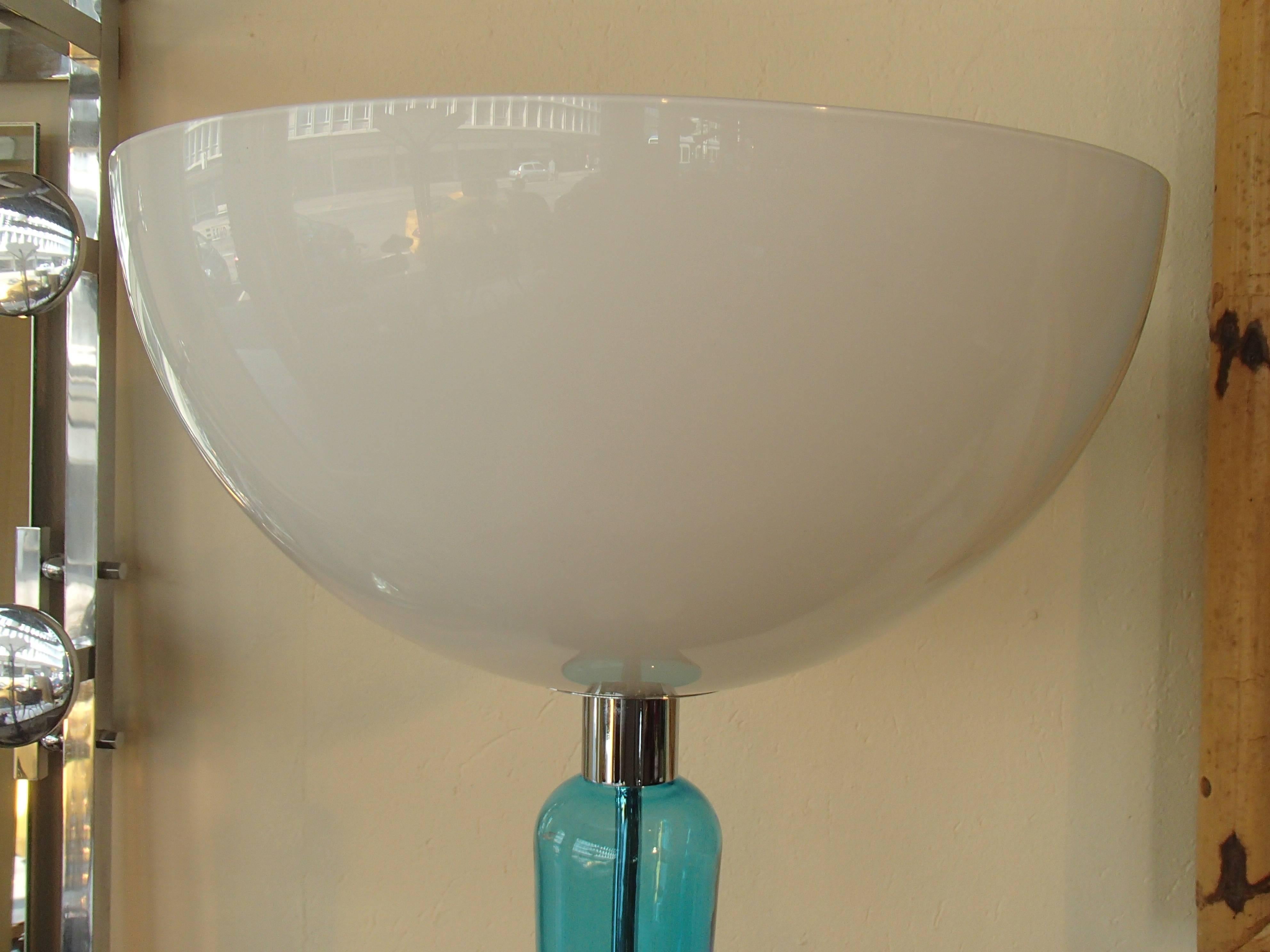 Italian 1980, Huge Glass Chrome Table Lamp Turquoise Foot Opal Shade by Jeannot Cerutti