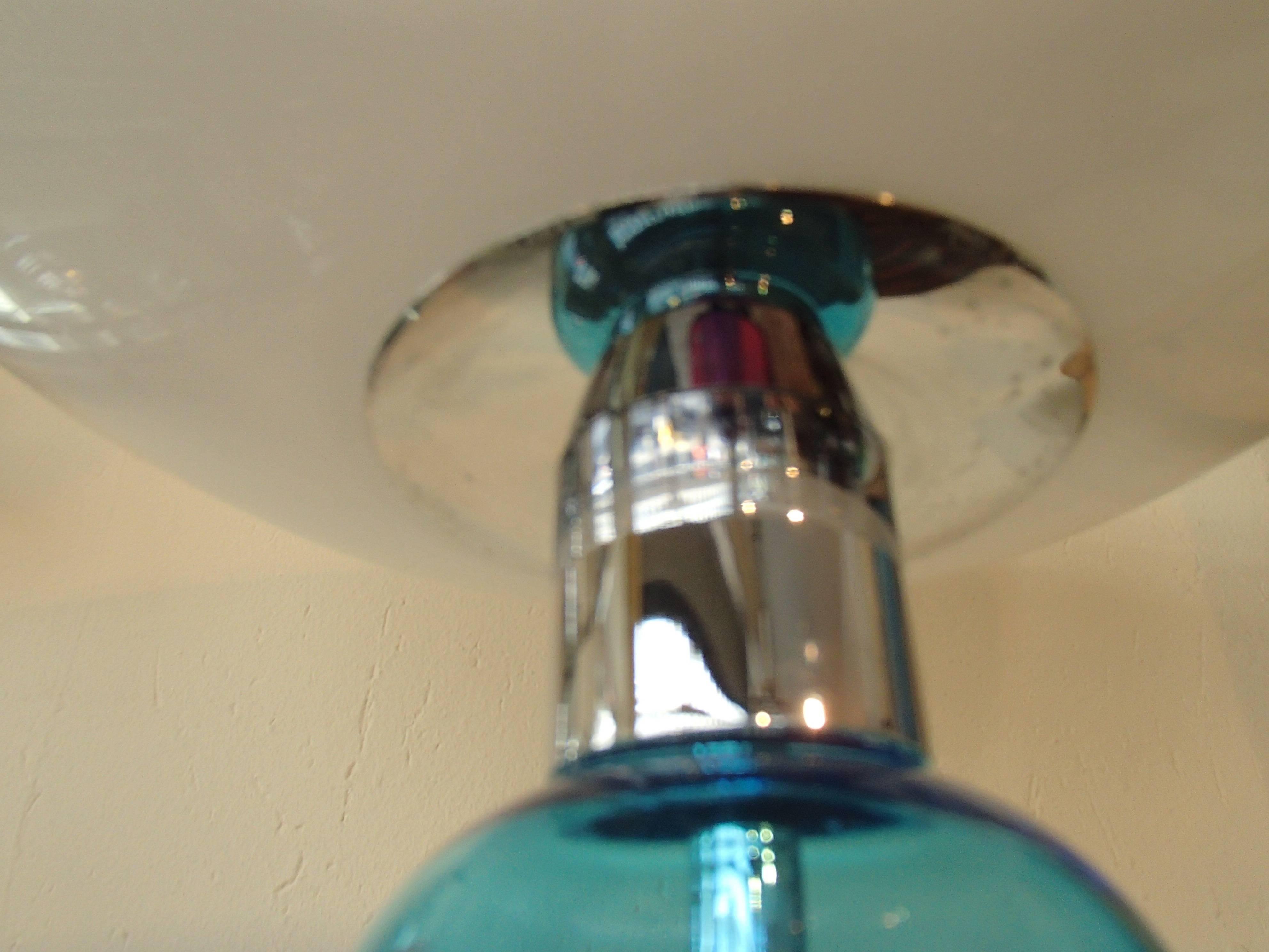 1980, Huge Glass Chrome Table Lamp Turquoise Foot Opal Shade by Jeannot Cerutti In Excellent Condition In Schöfflisdorf, CH