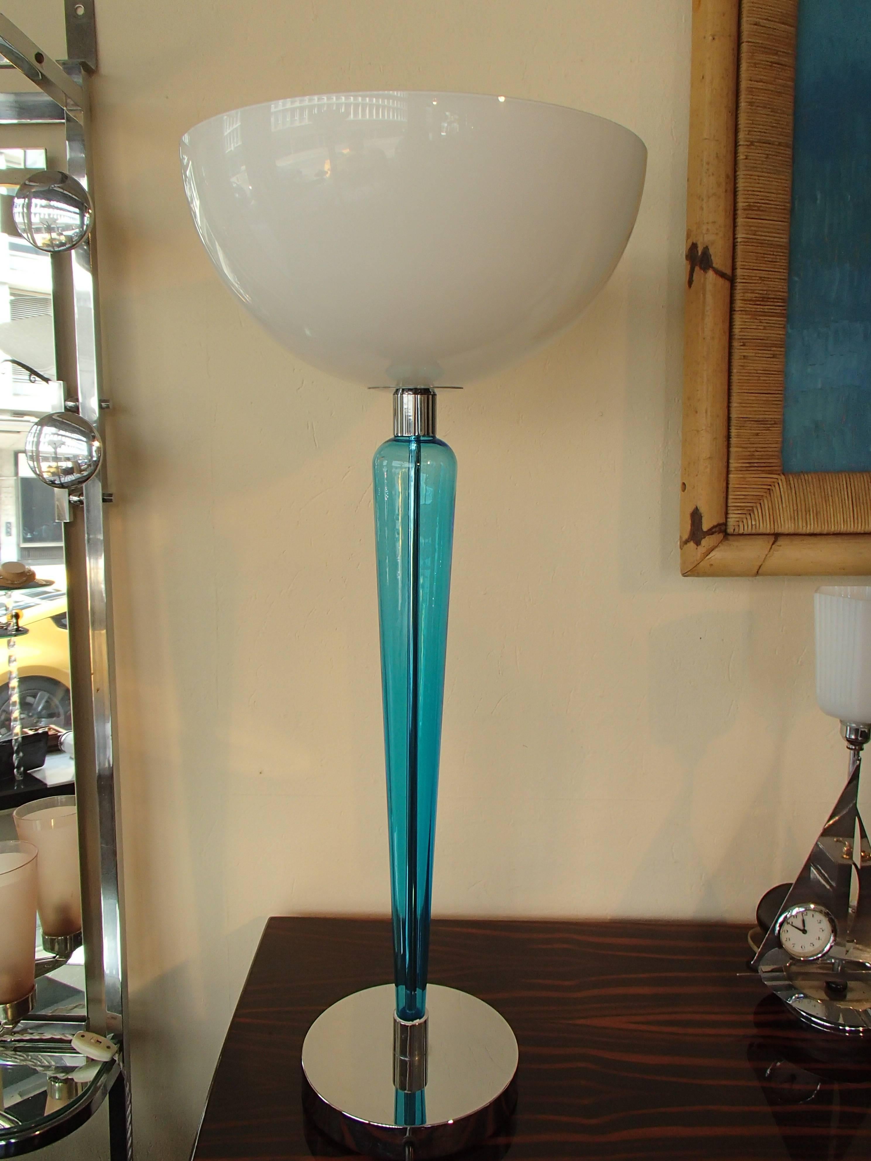 1980, Huge Glass Chrome Table Lamp Turquoise Foot Opal Shade by Jeannot Cerutti 4