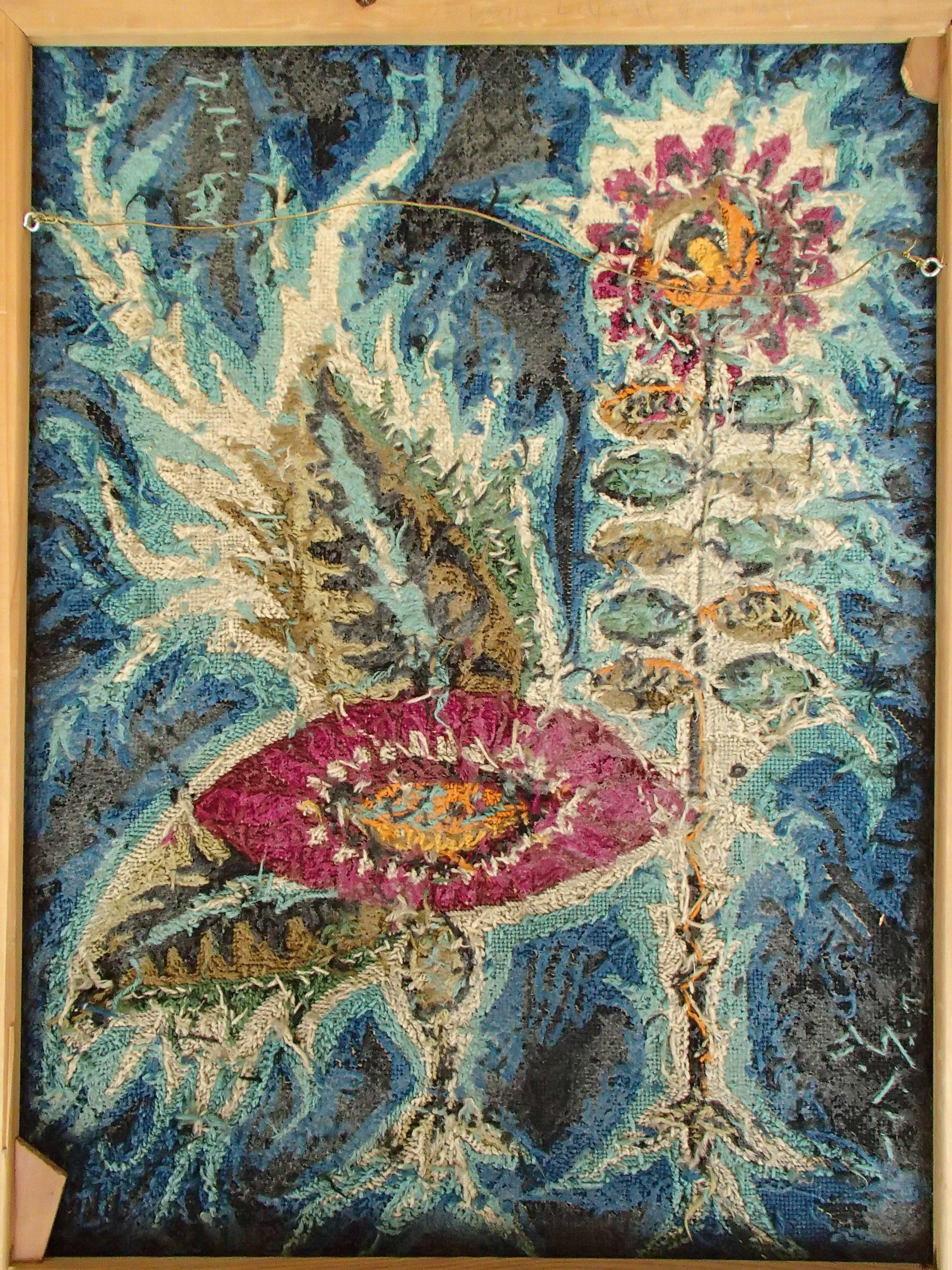 1960s framed tapestries by Jean Lurçat flowers.