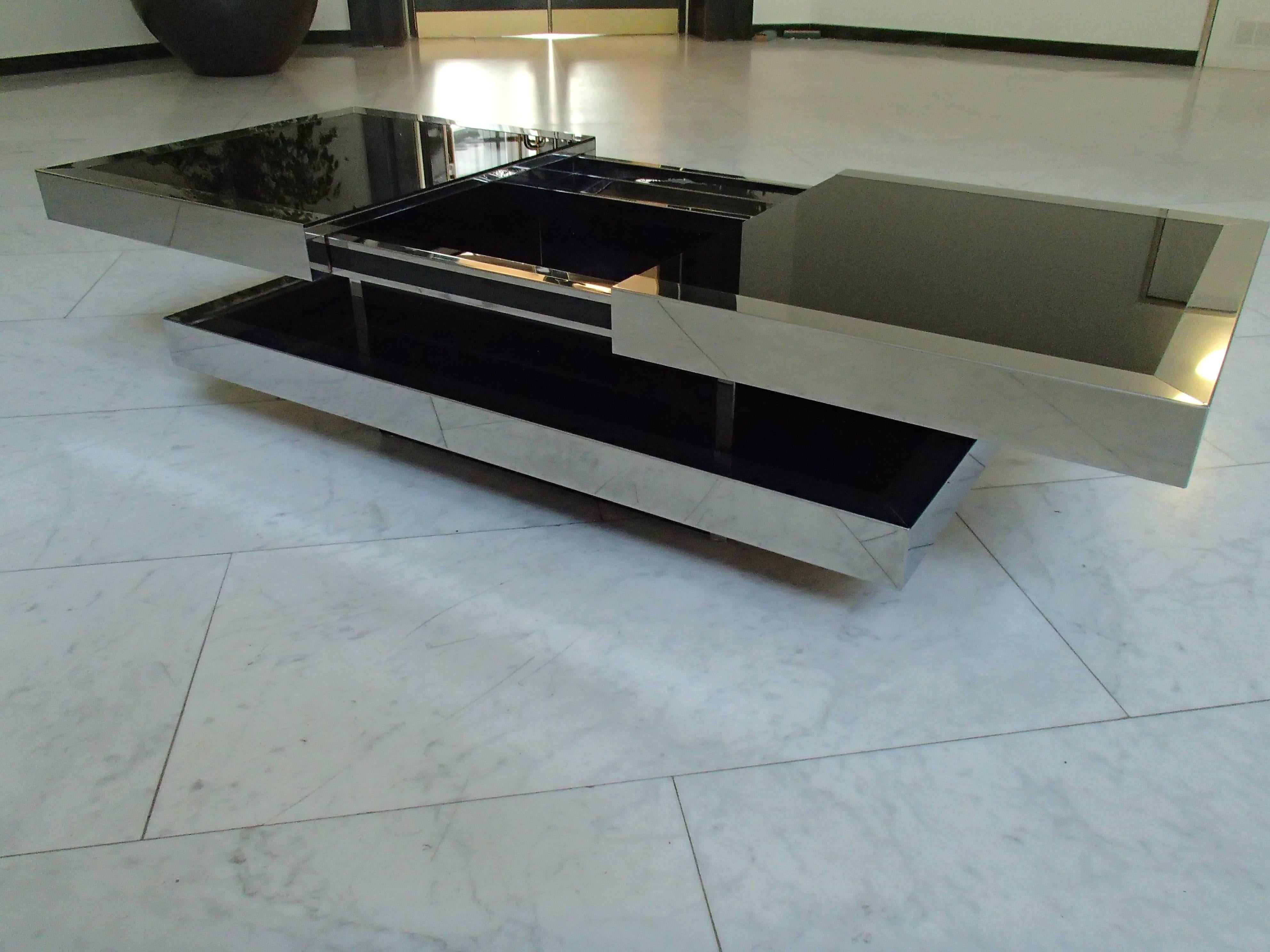 1970 This Bar Table by Willy Rizzo Chrome and Black Glass Double Shelf 1