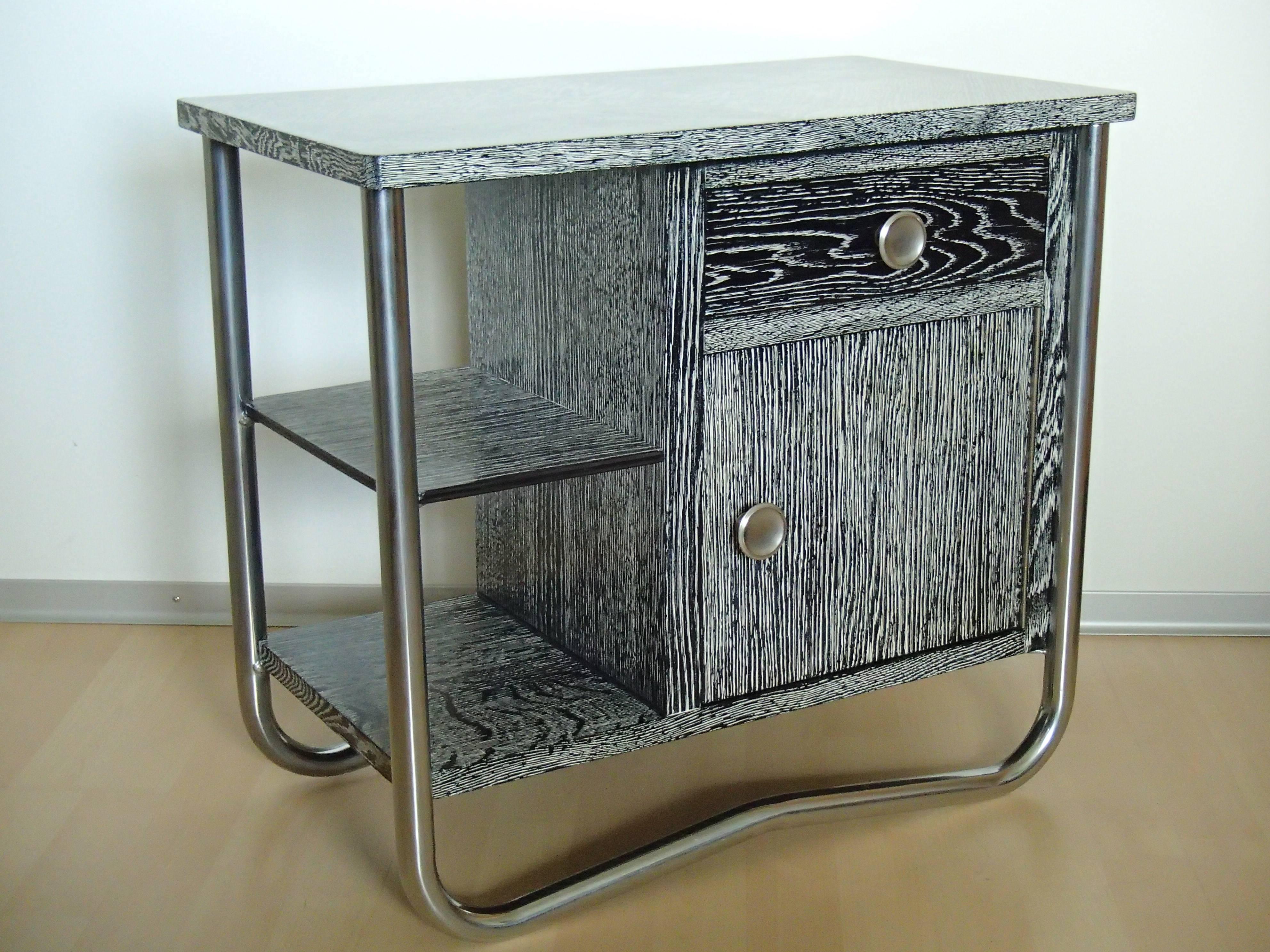 Bauhaus Art Deco side table cabinet cerused black and white oak and chrome completely
restored.
