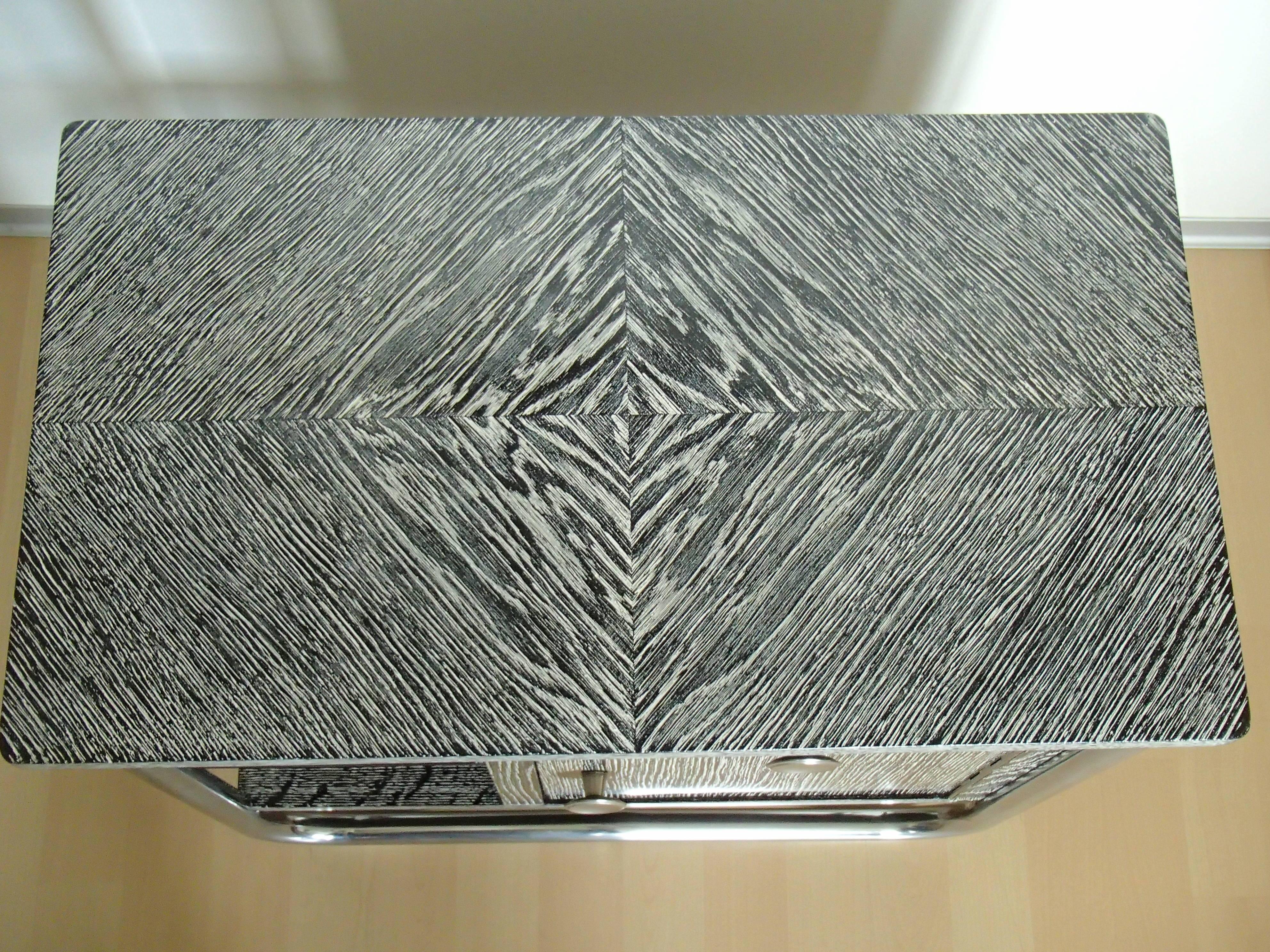 German Bauhaus Art Deco Side Table Cabinet Cerused Oak Black and White Chrome