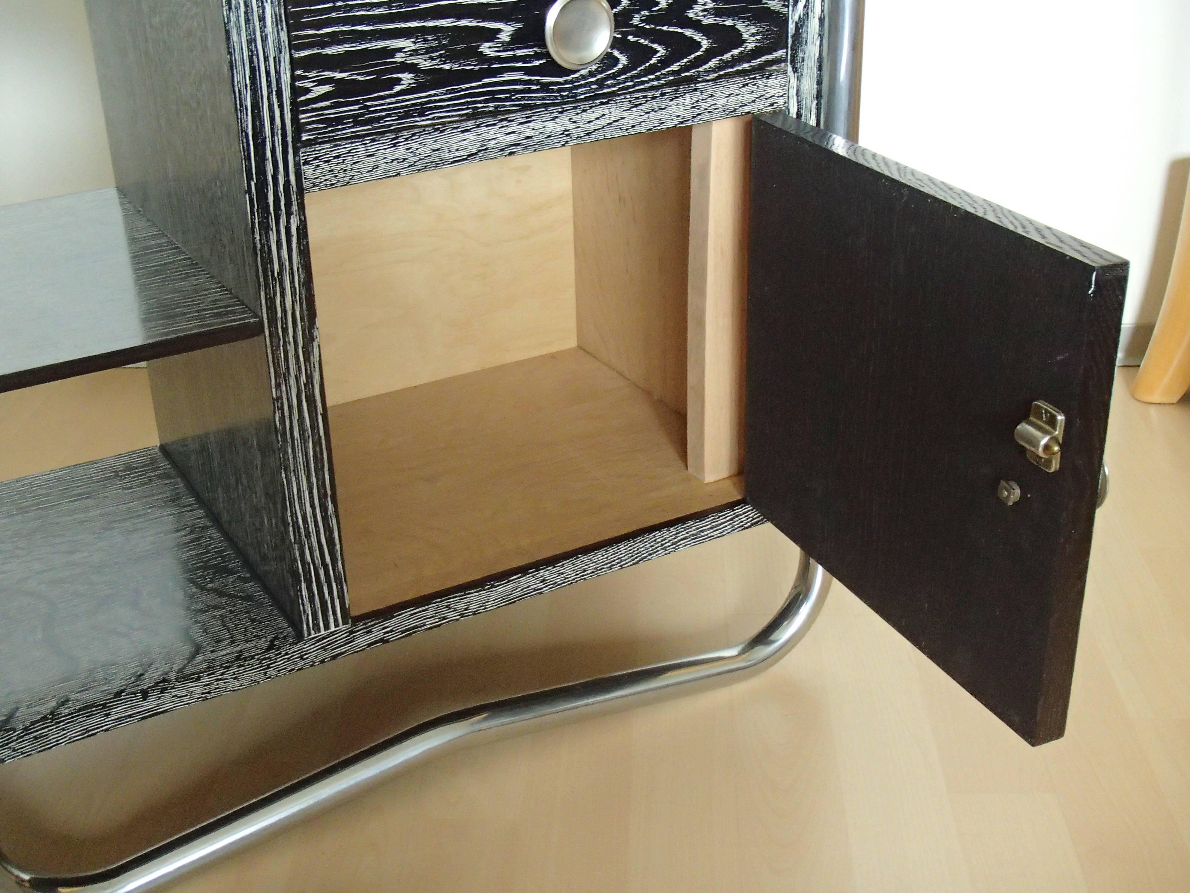 Bauhaus Art Deco Side Table Cabinet Cerused Oak Black and White Chrome 1