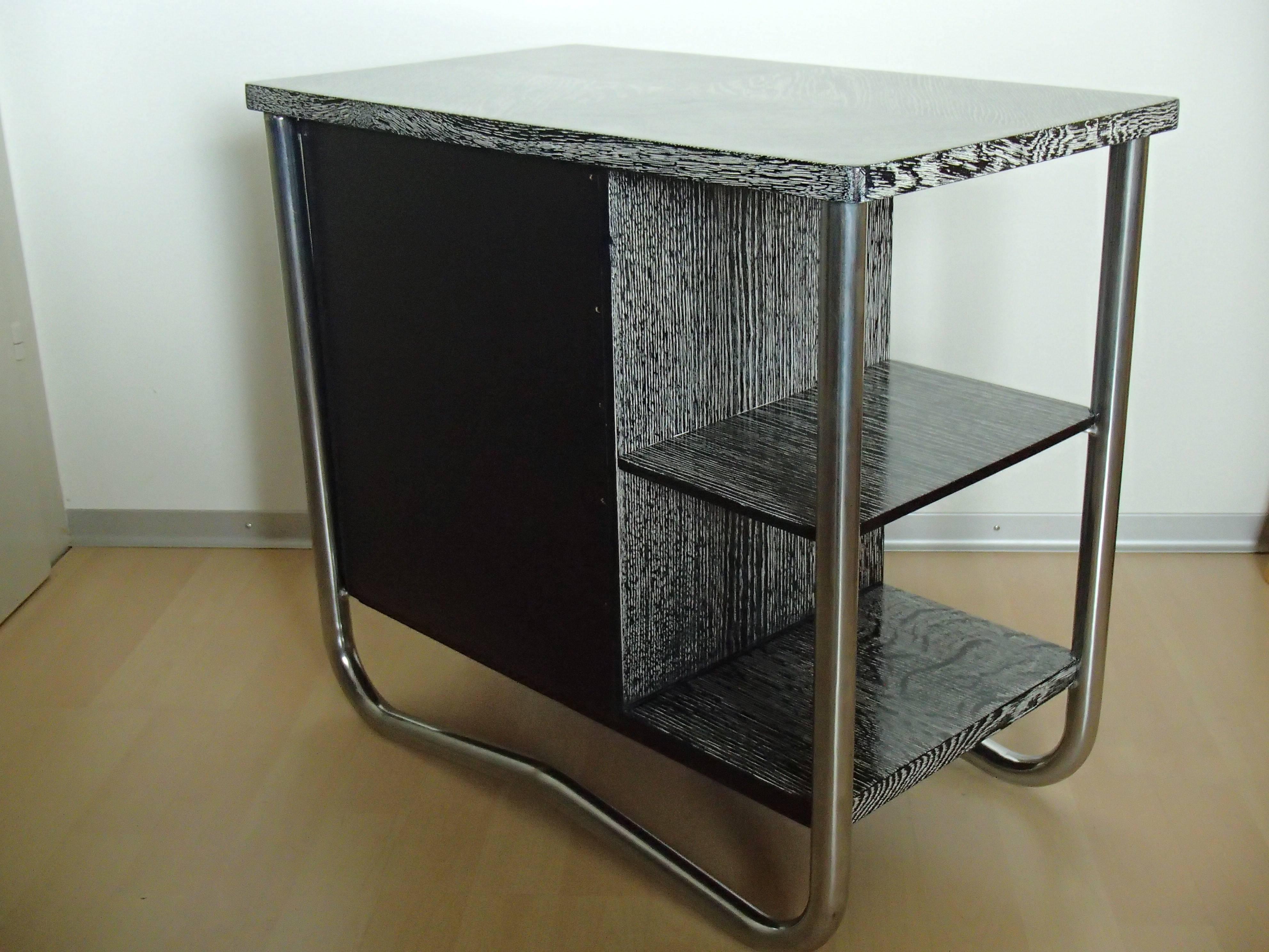 Bauhaus Art Deco Side Table Cabinet Cerused Oak Black and White Chrome 2