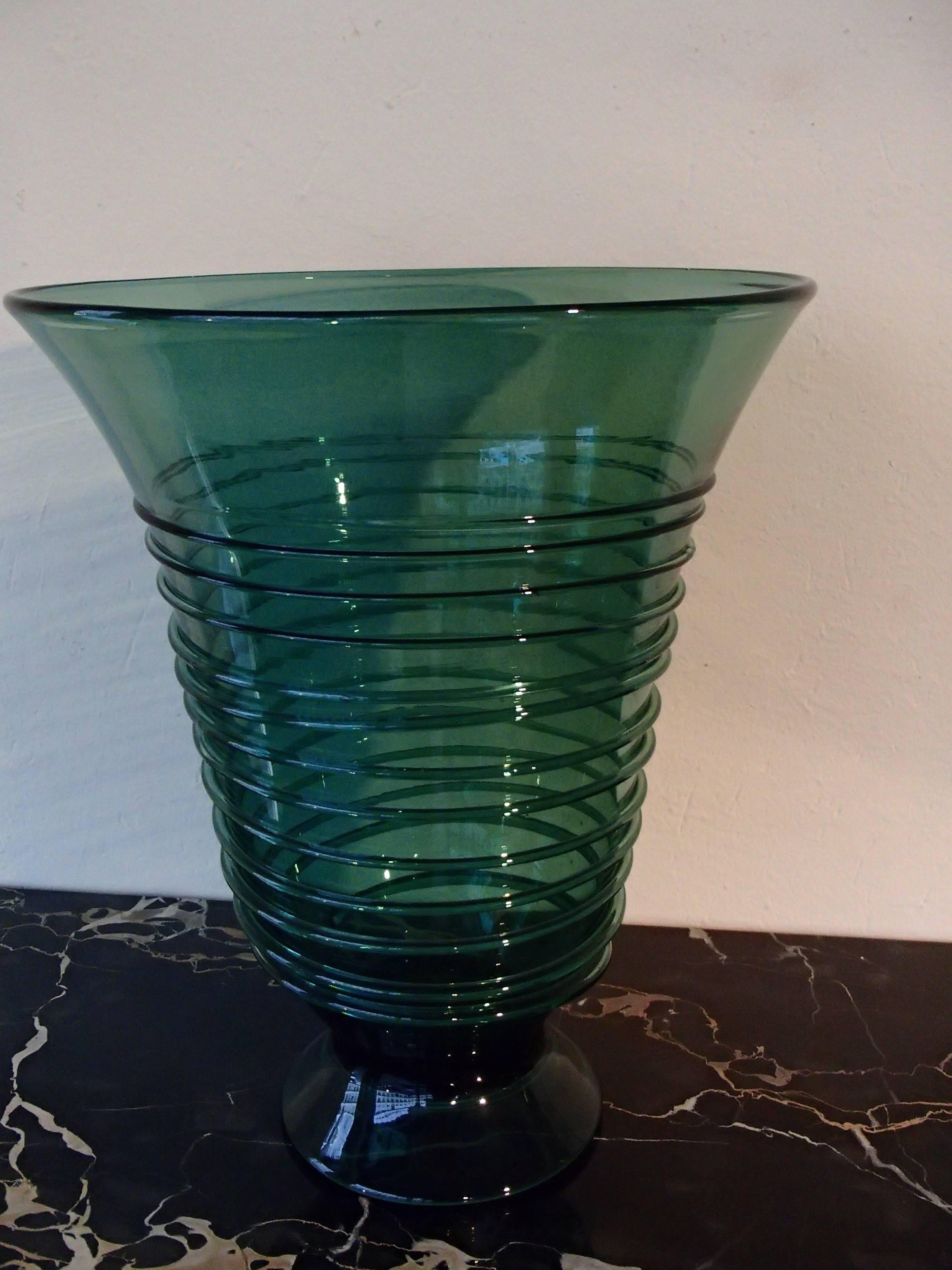 Midcentury Huge Green Glass Vase with Spiral Decor 2